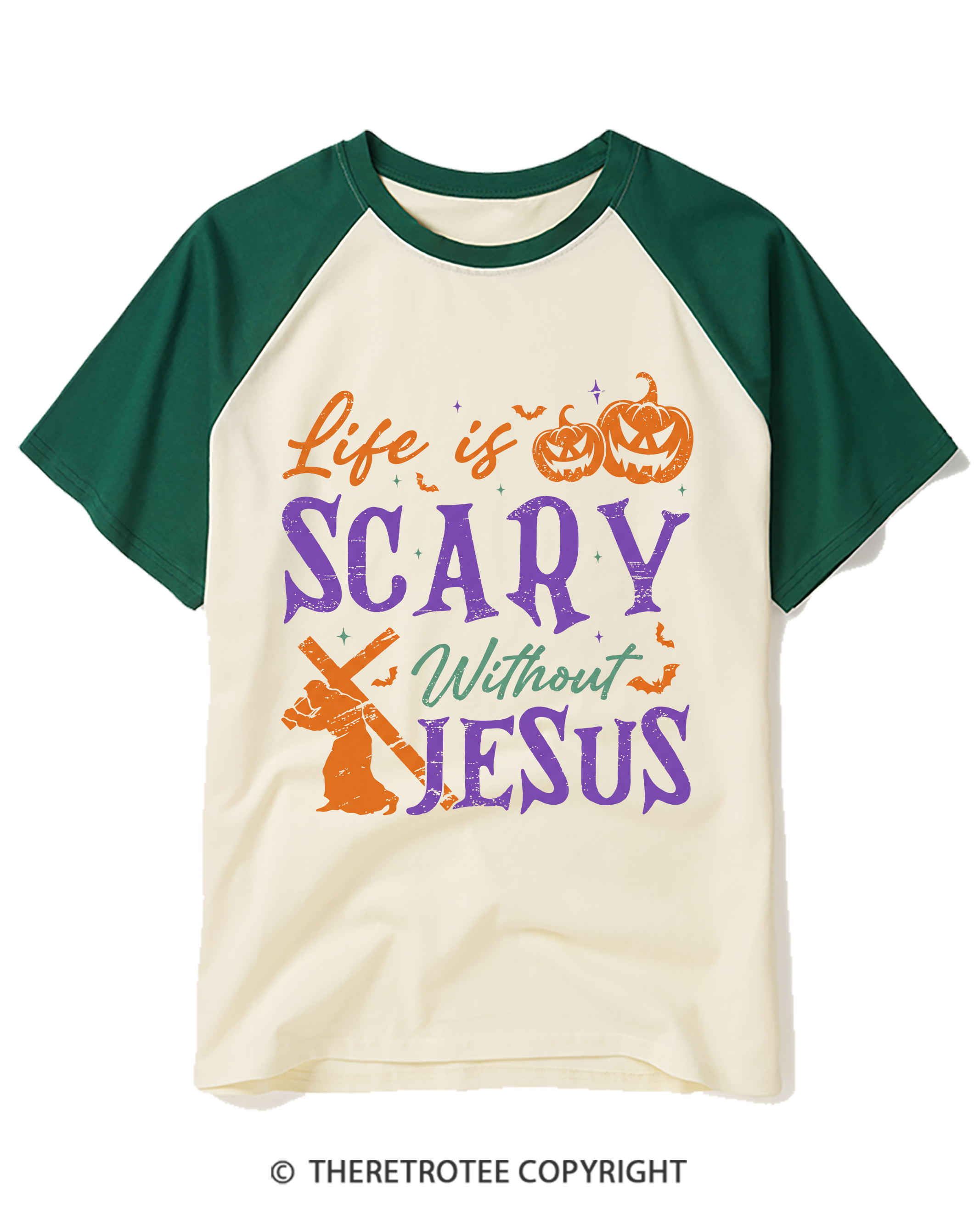 TheRetroTee Life is scary without Jesus 1990s Raglan Baseball T-Shirt
