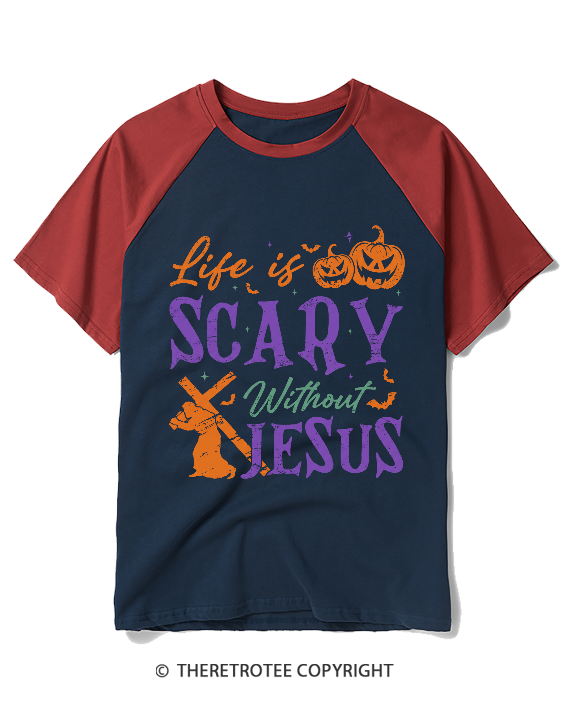 TheRetroTee Life is scary without Jesus 1990s Raglan Baseball T-Shirt