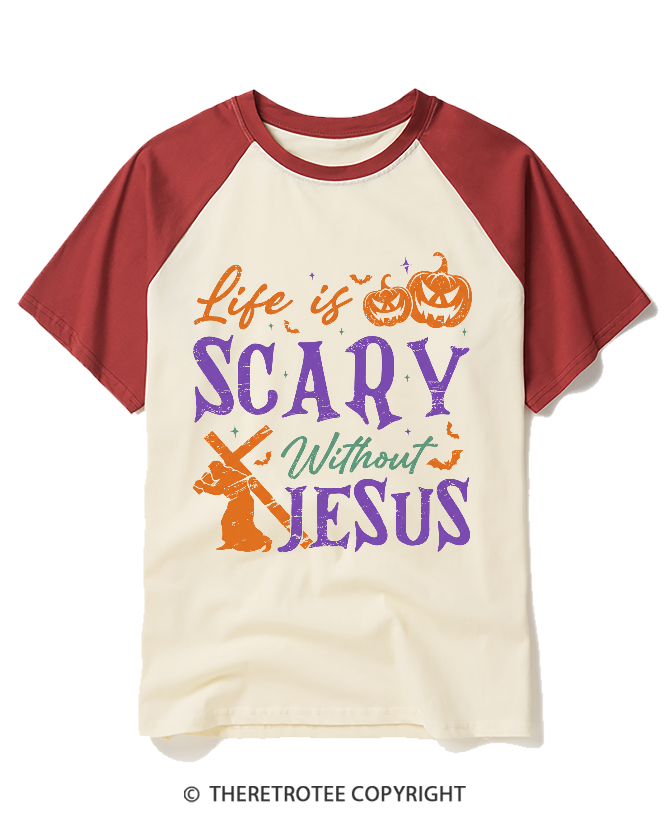 TheRetroTee Life is scary without Jesus 1990s Raglan Baseball T-Shirt