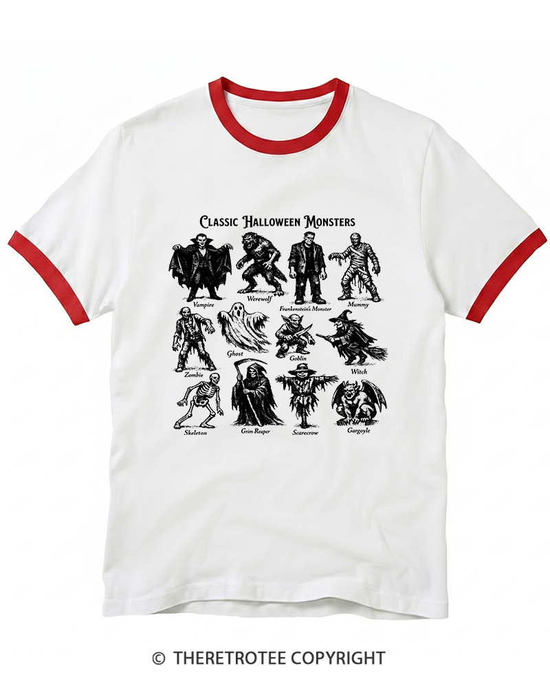 TheRetroTee Vintage Halloween Monsters Ringer T-Shirt