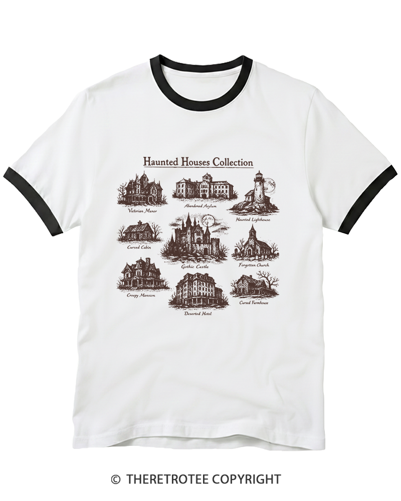 TheRetroTee Vintage Haunted House Field Guide Ringer T-Shirt