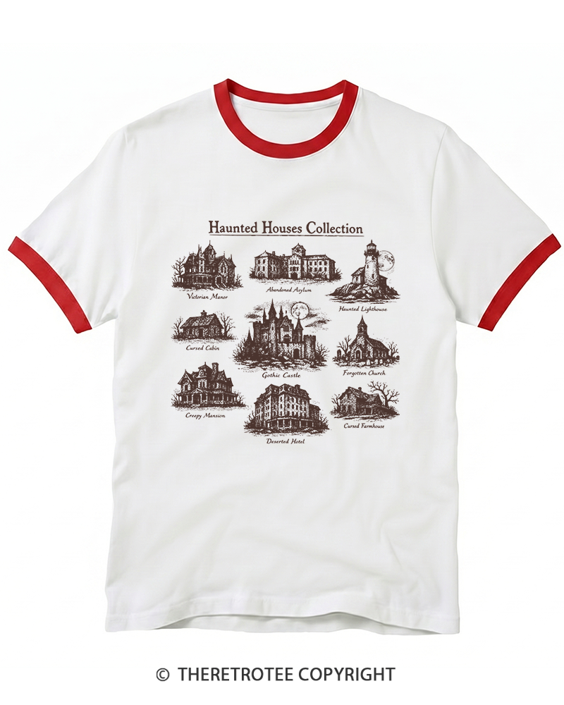 TheRetroTee Vintage Haunted House Field Guide Ringer T-Shirt