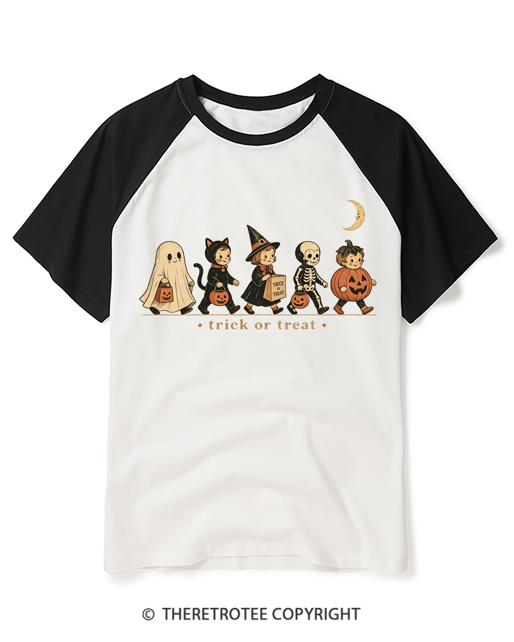 TheRetroTee Trick Or Treat 1950s Raglan Baseball T-Shirt