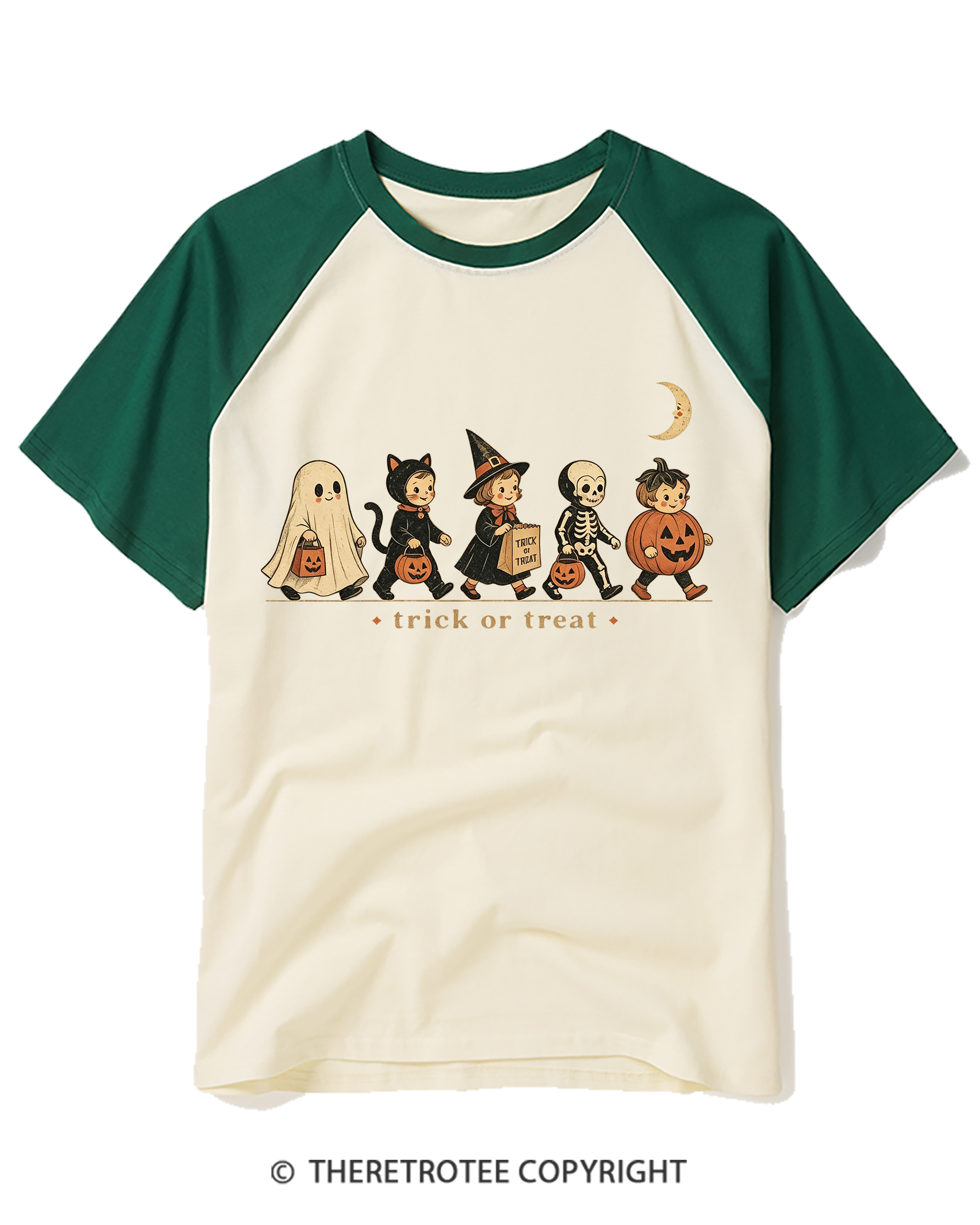 TheRetroTee Trick Or Treat 1950s Raglan Baseball T-Shirt