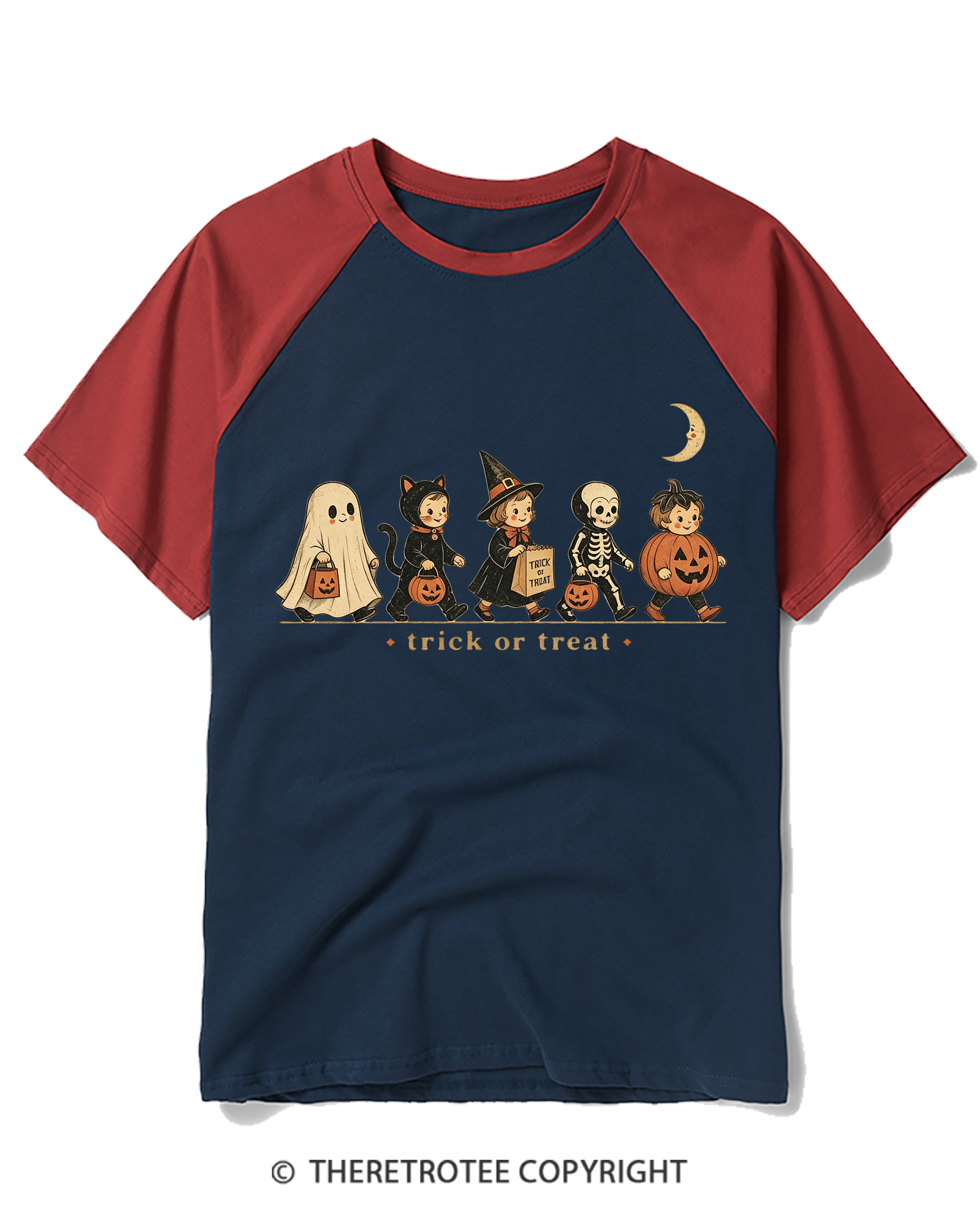 TheRetroTee Trick Or Treat 1950s Raglan Baseball T-Shirt