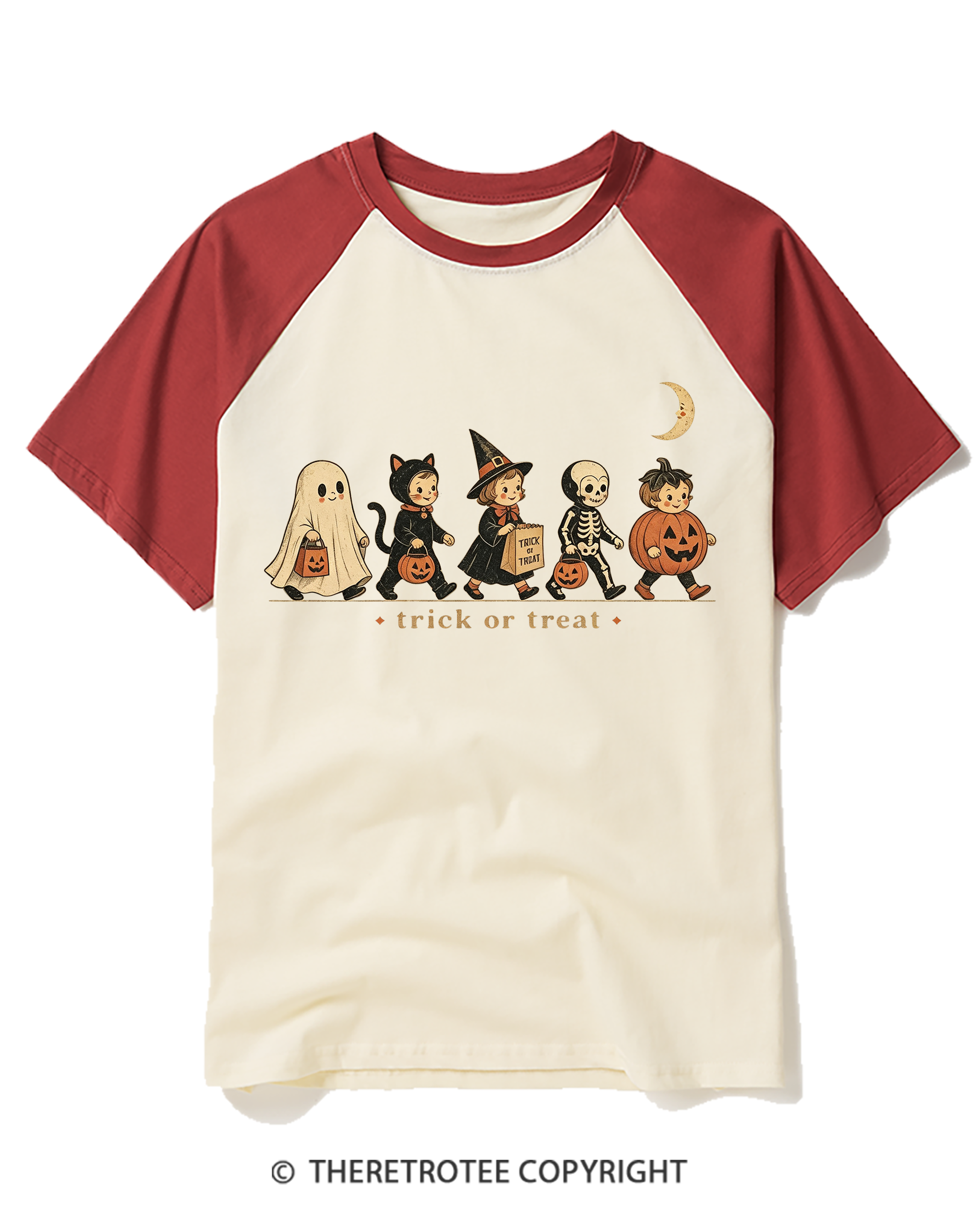 TheRetroTee Trick Or Treat 1950s Raglan Baseball T-Shirt