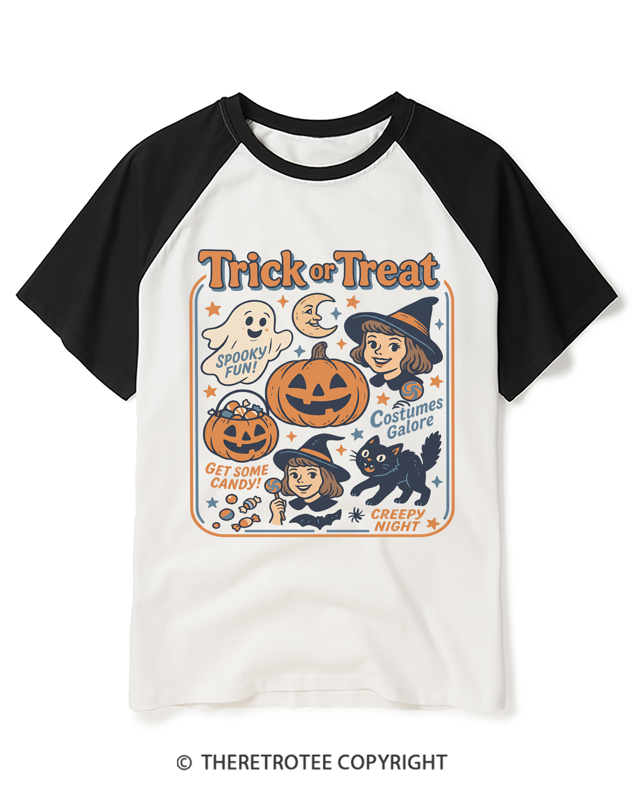 TheRetroTee Trick Or Treat 1960s Raglan Baseball T-Shirt