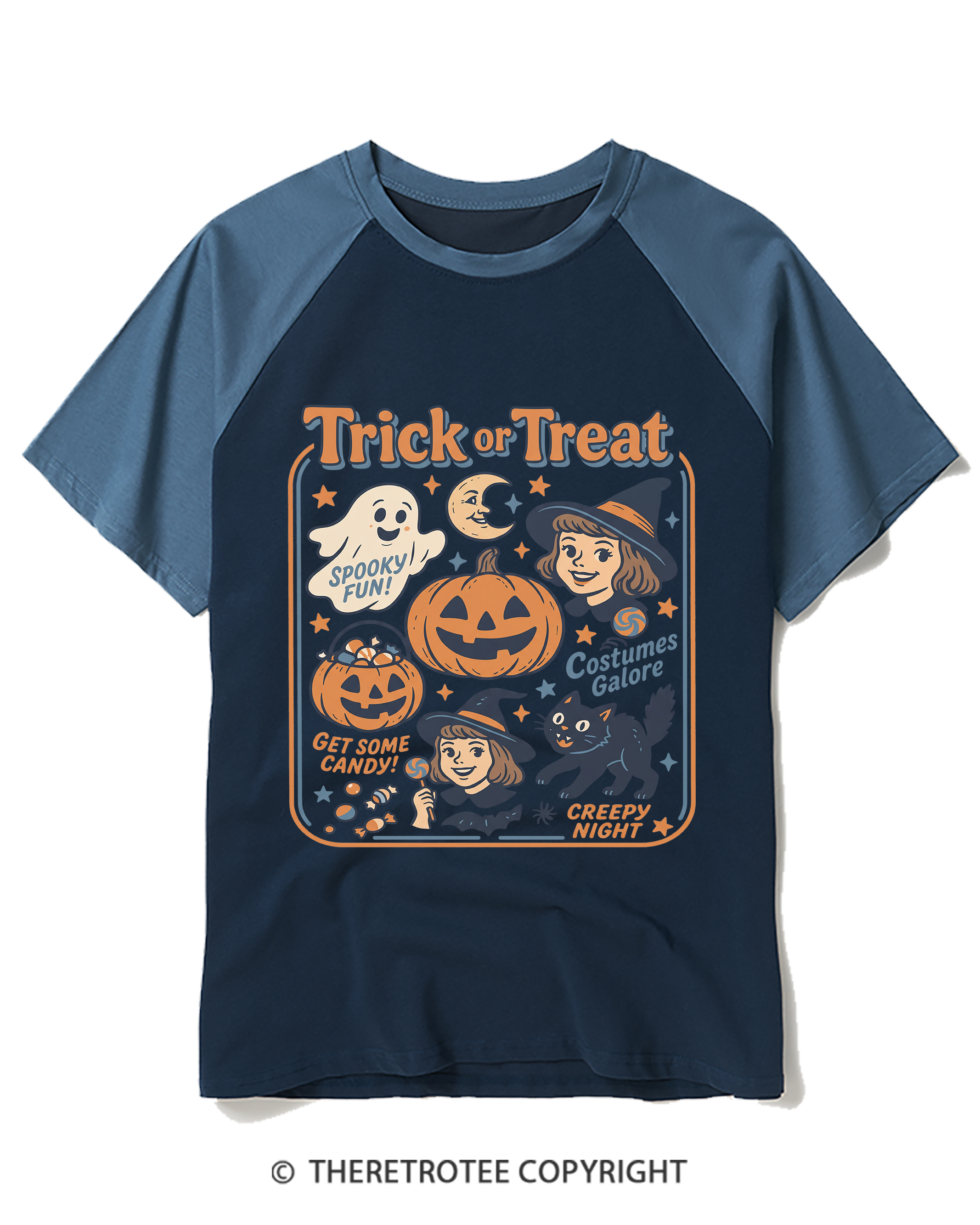TheRetroTee Trick Or Treat 1960s Raglan Baseball T-Shirt