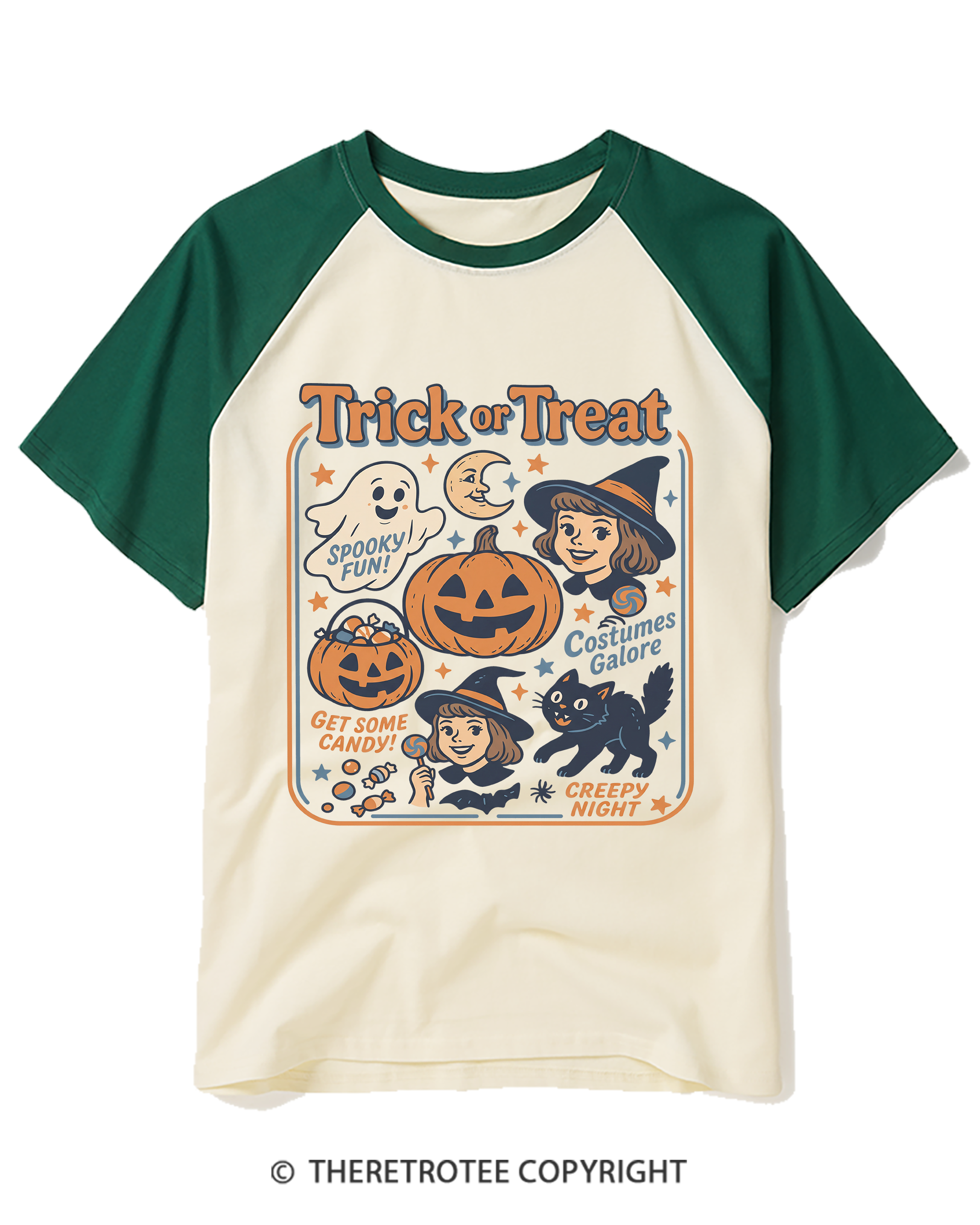 TheRetroTee Trick Or Treat 1960s Raglan Baseball T-Shirt