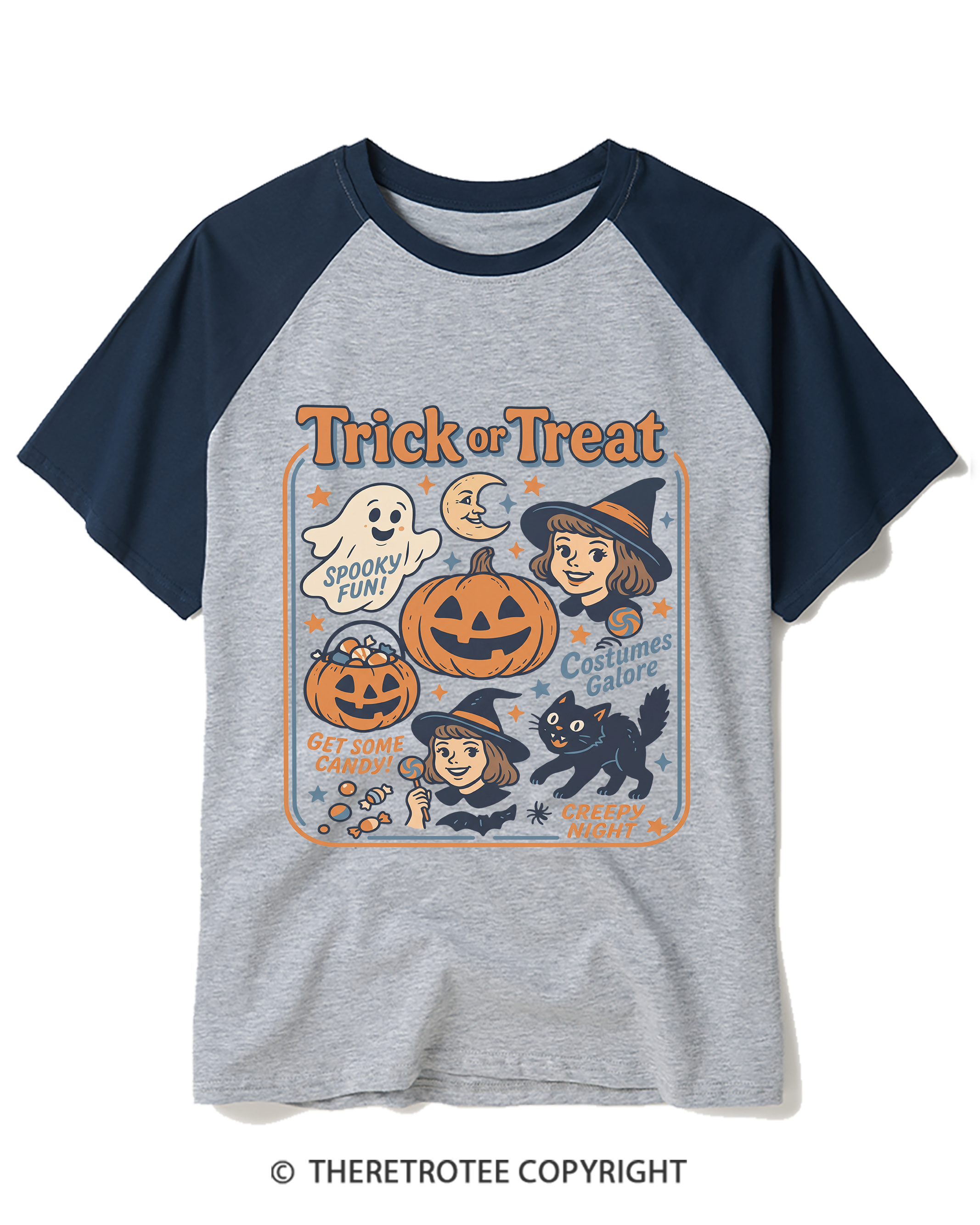 TheRetroTee Trick Or Treat 1960s Raglan Baseball T-Shirt