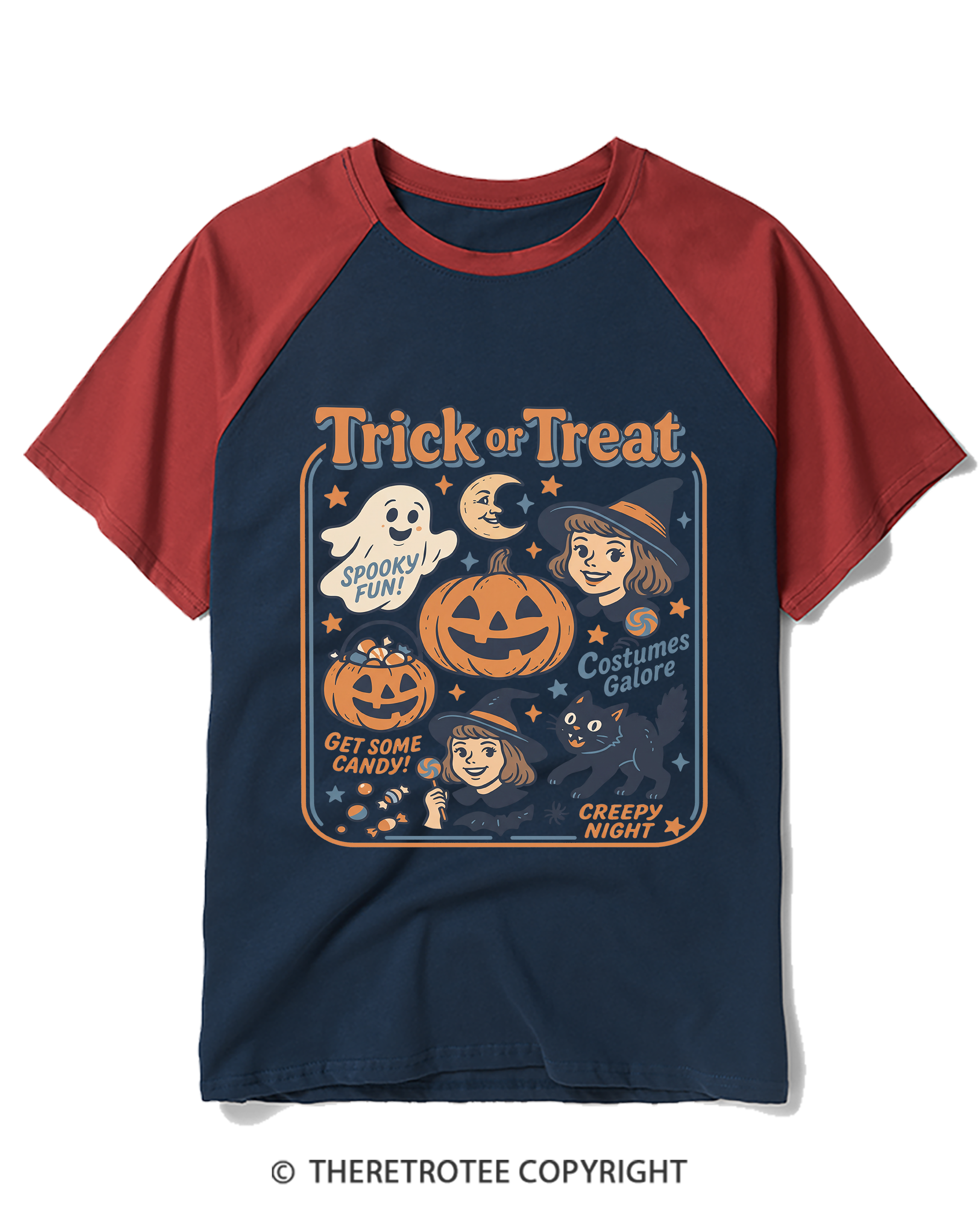 TheRetroTee Trick Or Treat 1960s Raglan Baseball T-Shirt