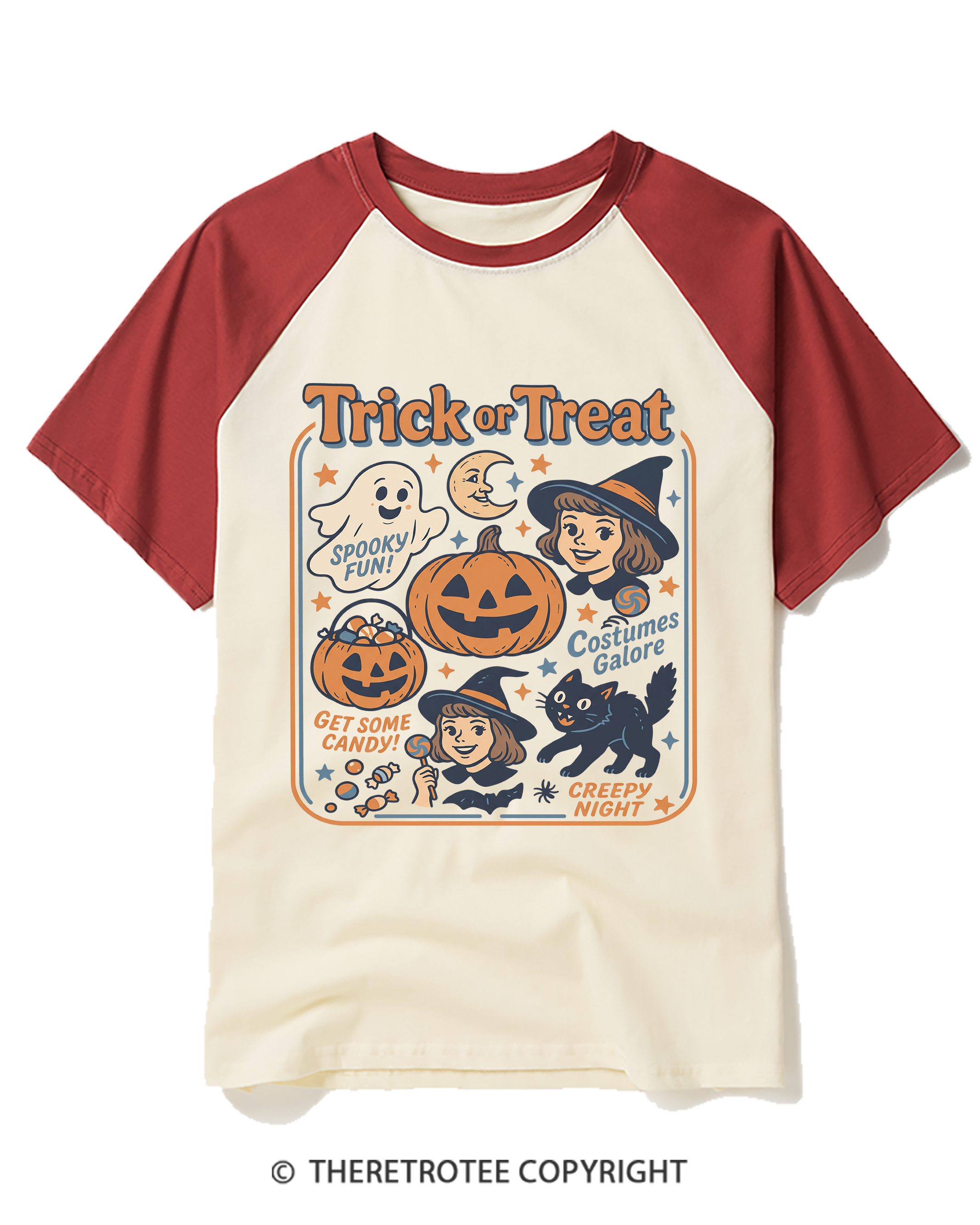 TheRetroTee Trick Or Treat 1960s Raglan Baseball T-Shirt