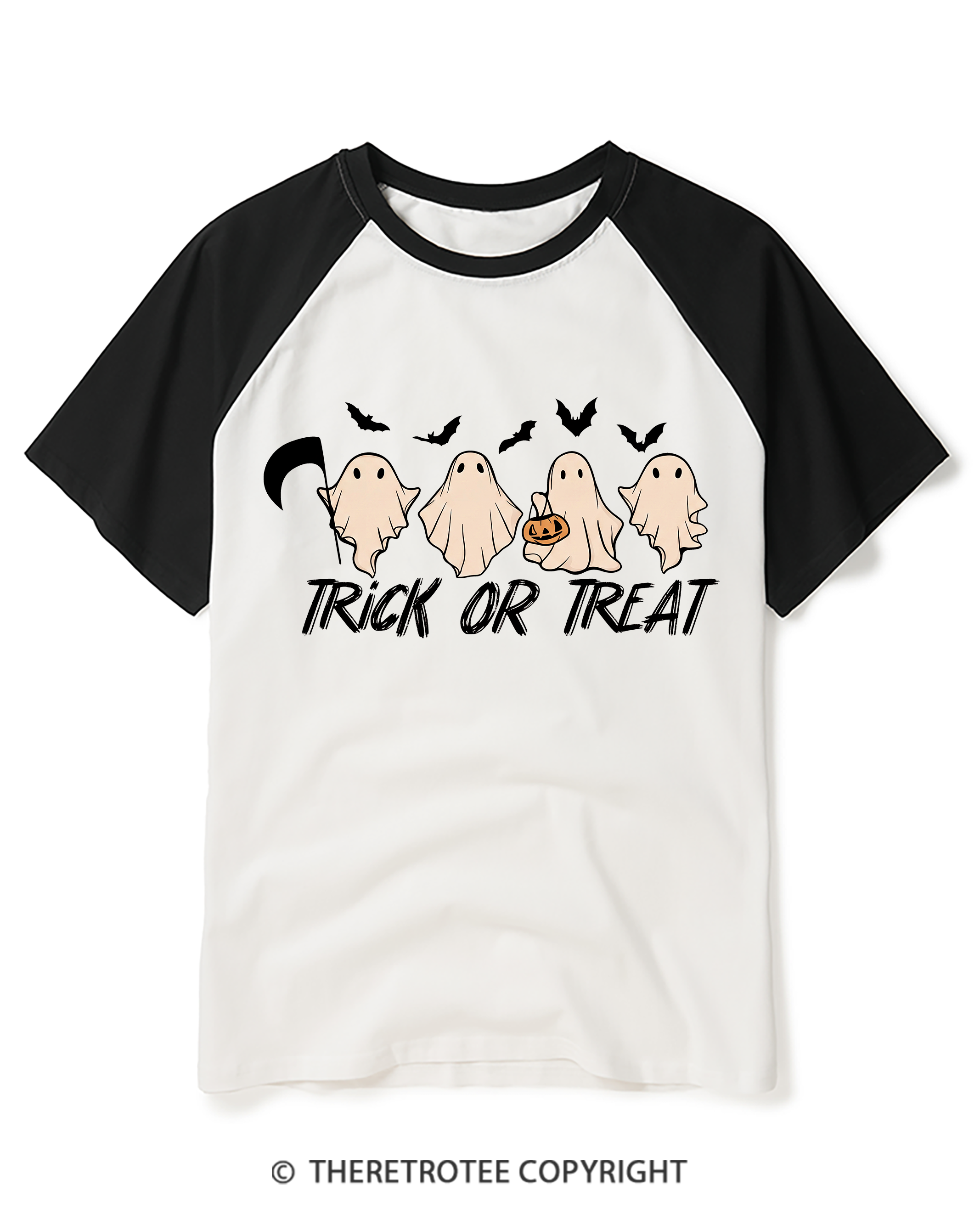 TheRetroTee Trick Or Treat 1970s Raglan Baseball T-Shirt