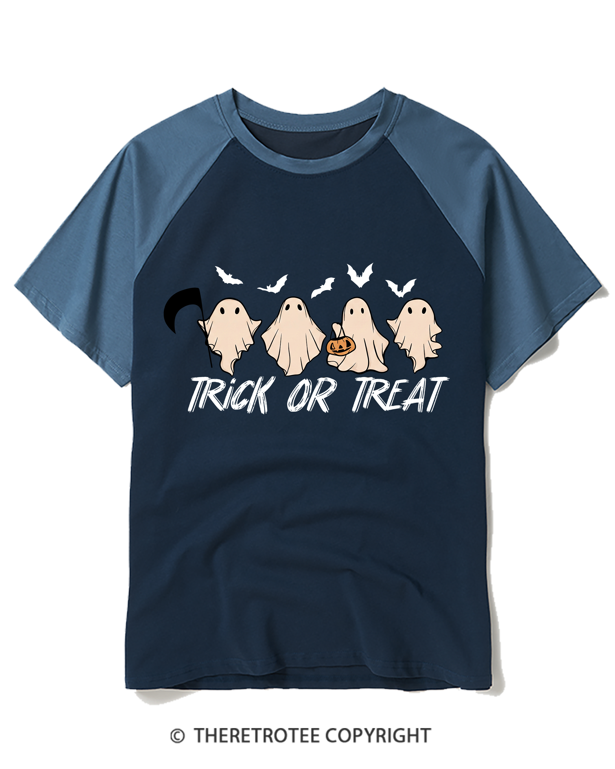 TheRetroTee Trick Or Treat 1970s Raglan Baseball T-Shirt