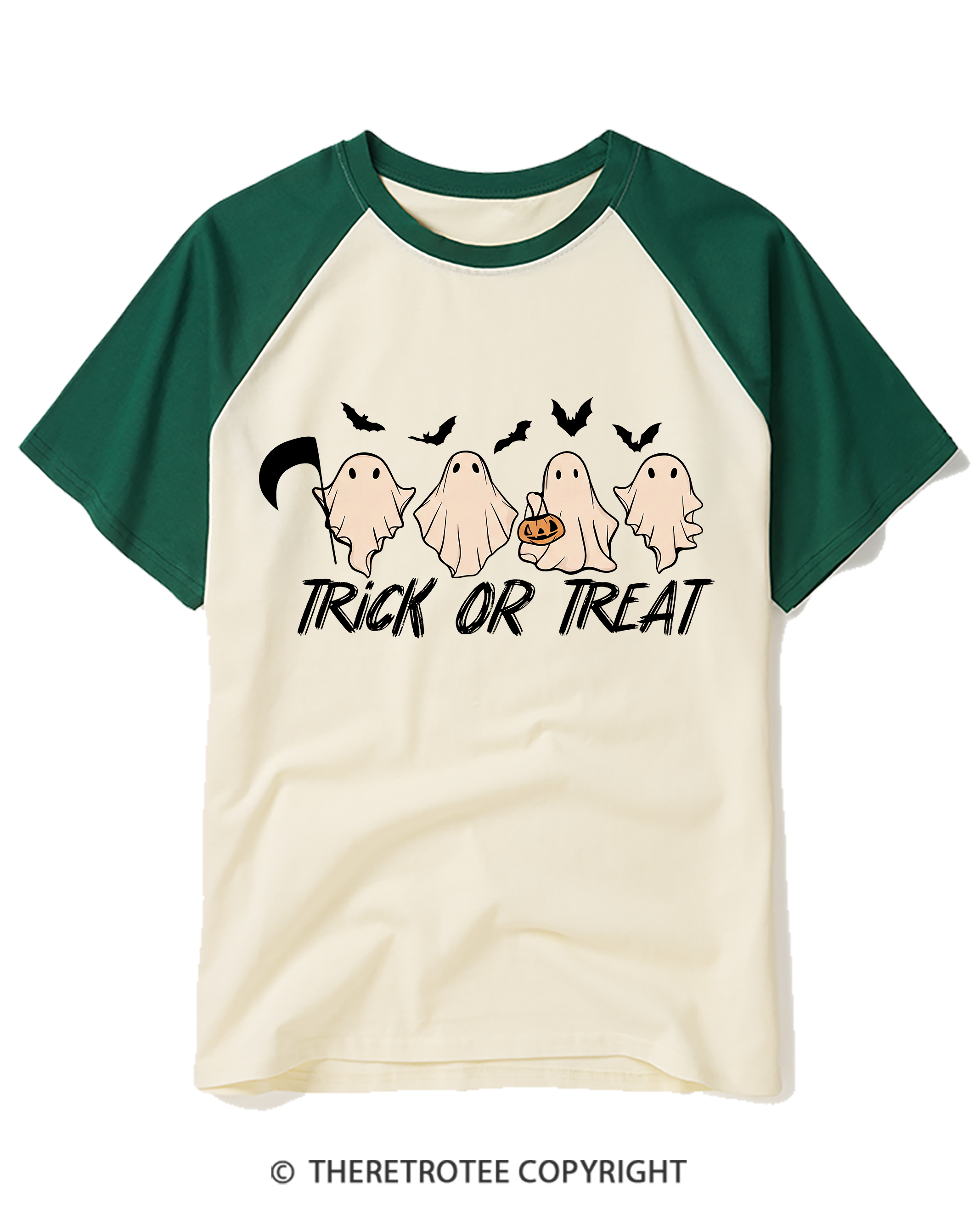 TheRetroTee Trick Or Treat 1970s Raglan Baseball T-Shirt