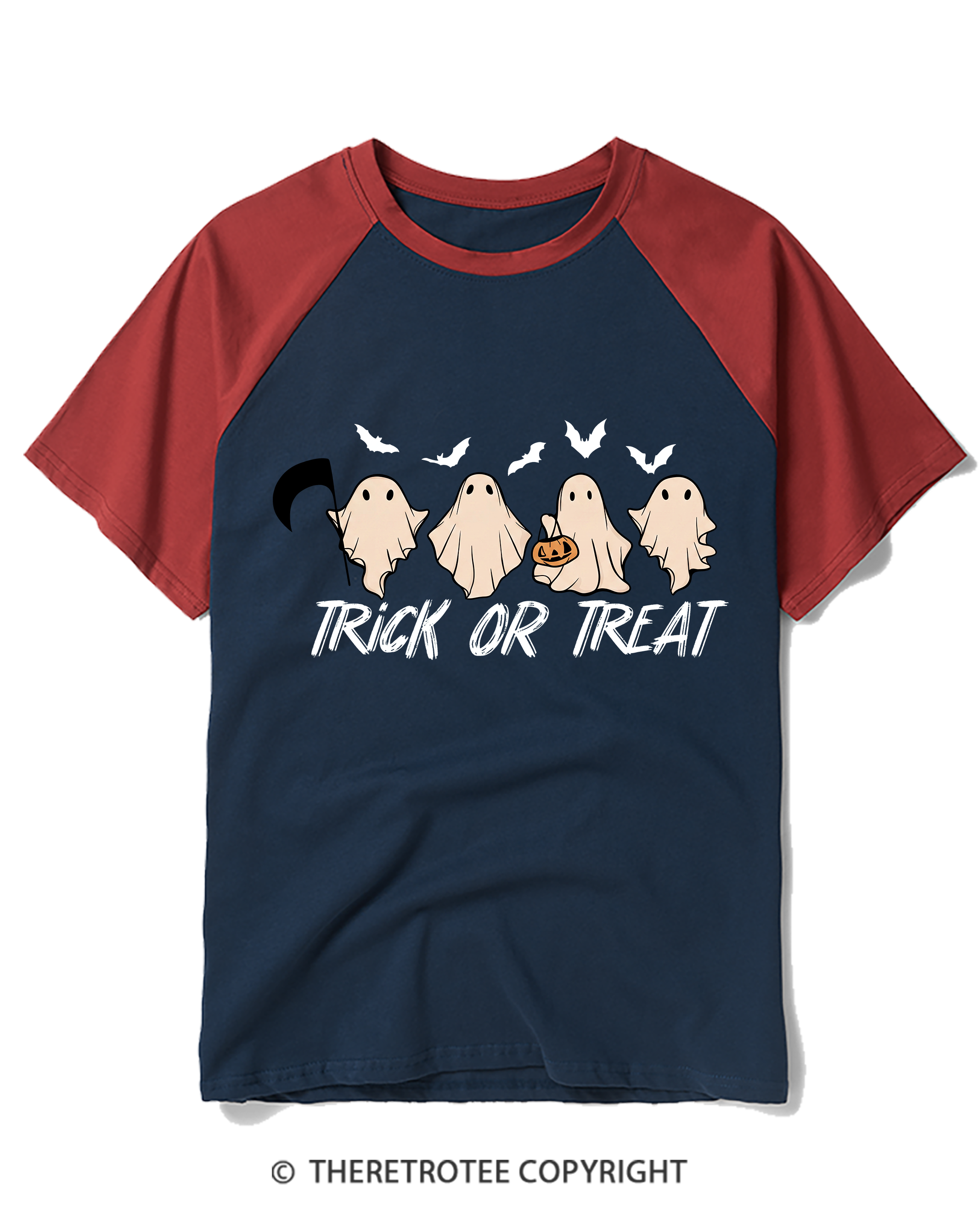 TheRetroTee Trick Or Treat 1970s Raglan Baseball T-Shirt