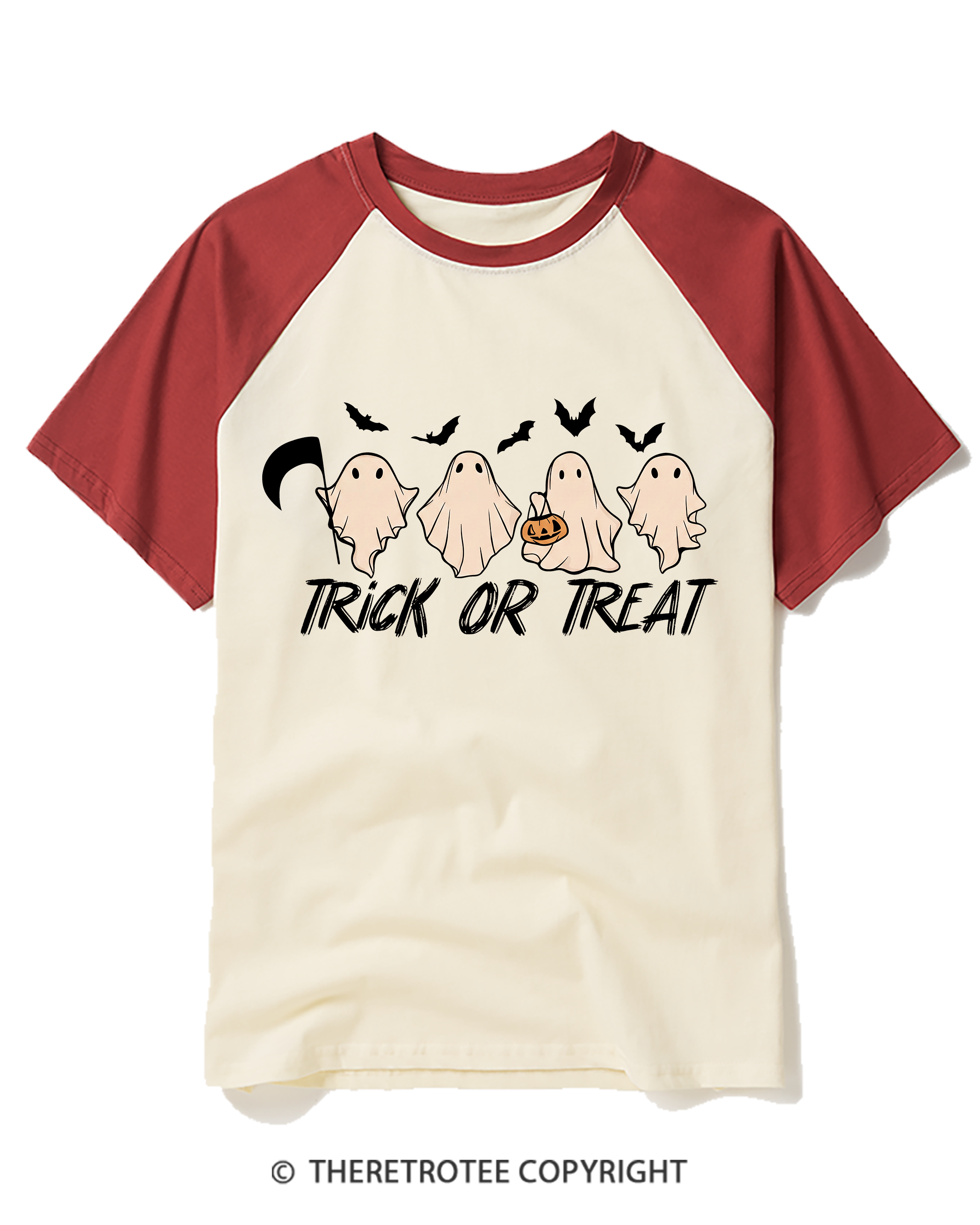 TheRetroTee Trick Or Treat 1970s Raglan Baseball T-Shirt