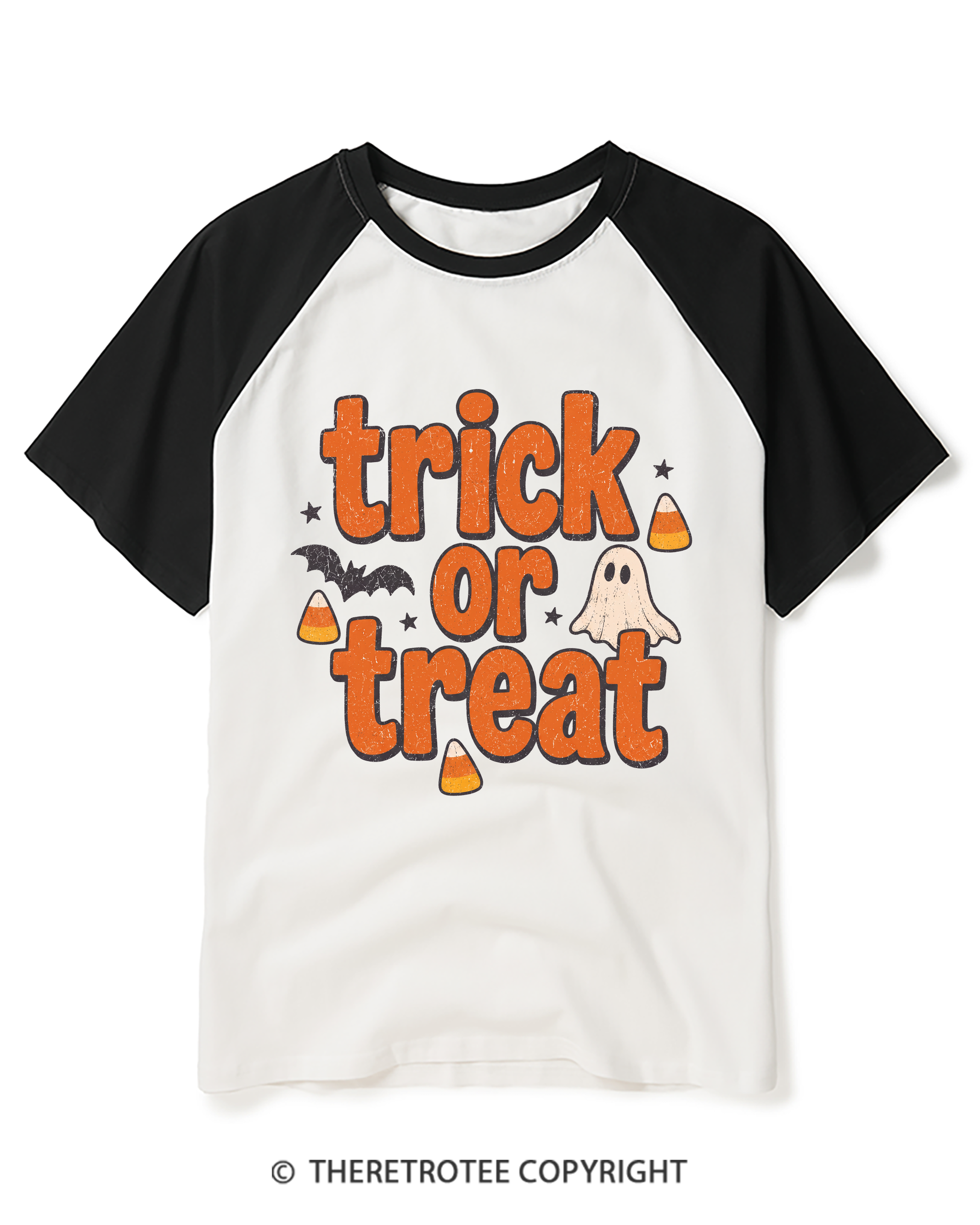 TheRetroTee Trick Or Treat 1940s Raglan Baseball T-Shirt