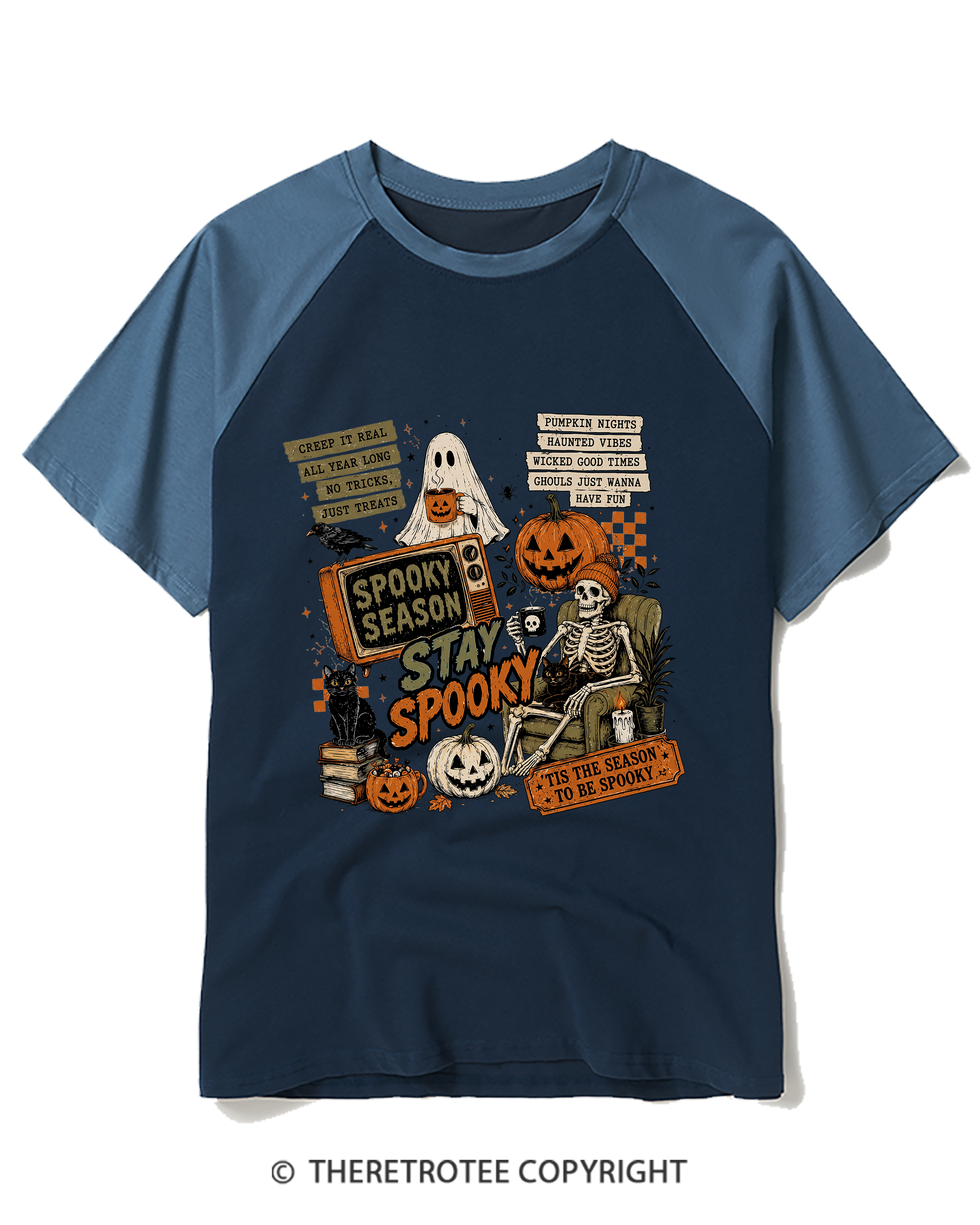 TheRetroTee Stay Spooky 1980s Raglan Baseball T-Shirt