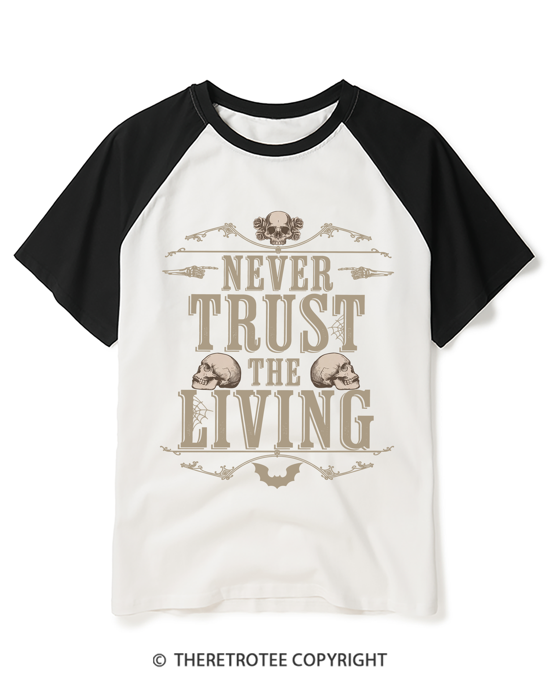 TheRetroTee Never Trust the Living 1980s Raglan Baseball T-Shirt