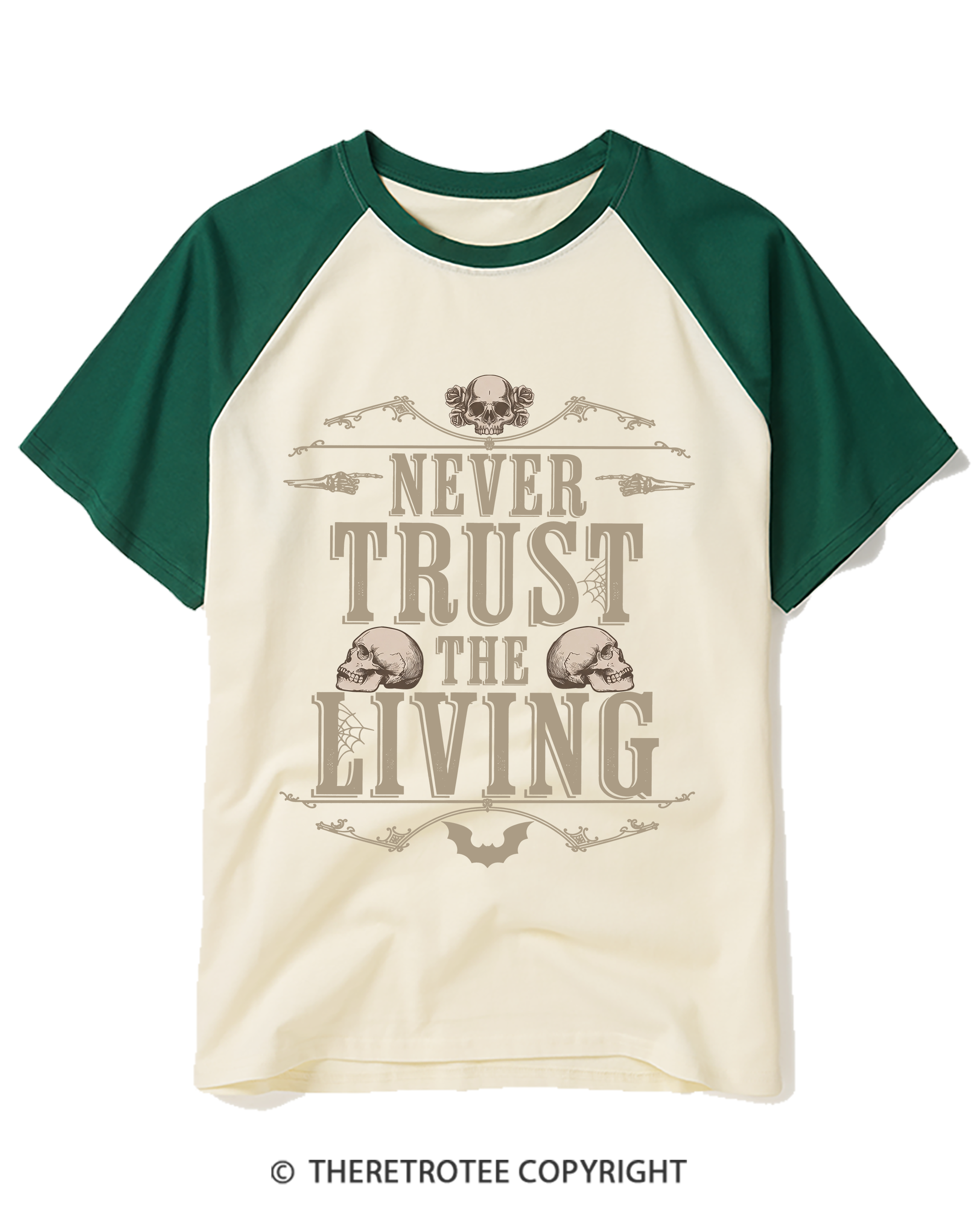 TheRetroTee Never Trust the Living 1980s Raglan Baseball T-Shirt