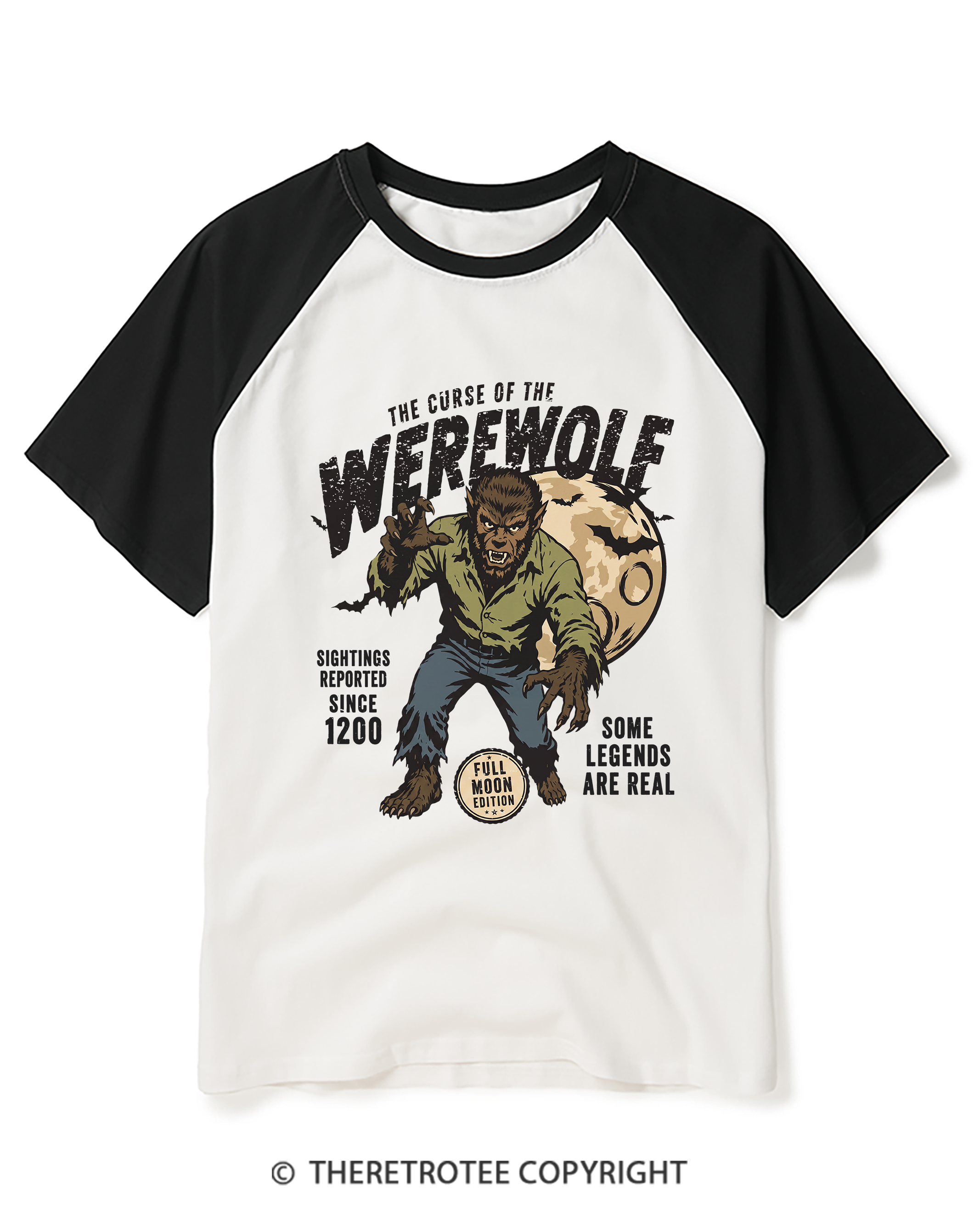 TheRetroTee Werewolf Cult Classic Halloween Horror Movie 1990s Raglan Baseball T-Shirt