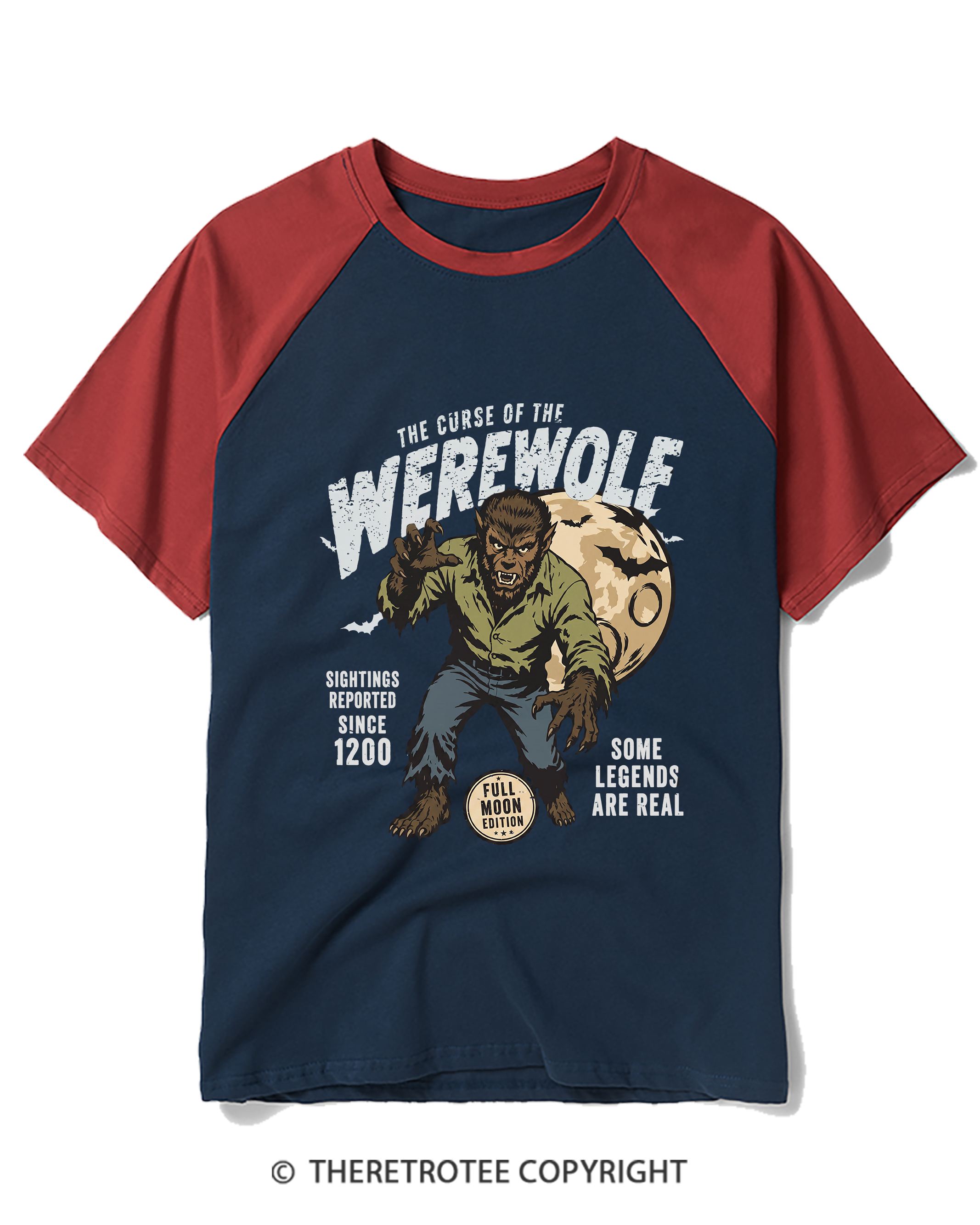 TheRetroTee Werewolf Cult Classic Halloween Horror Movie 1990s Raglan Baseball T-Shirt
