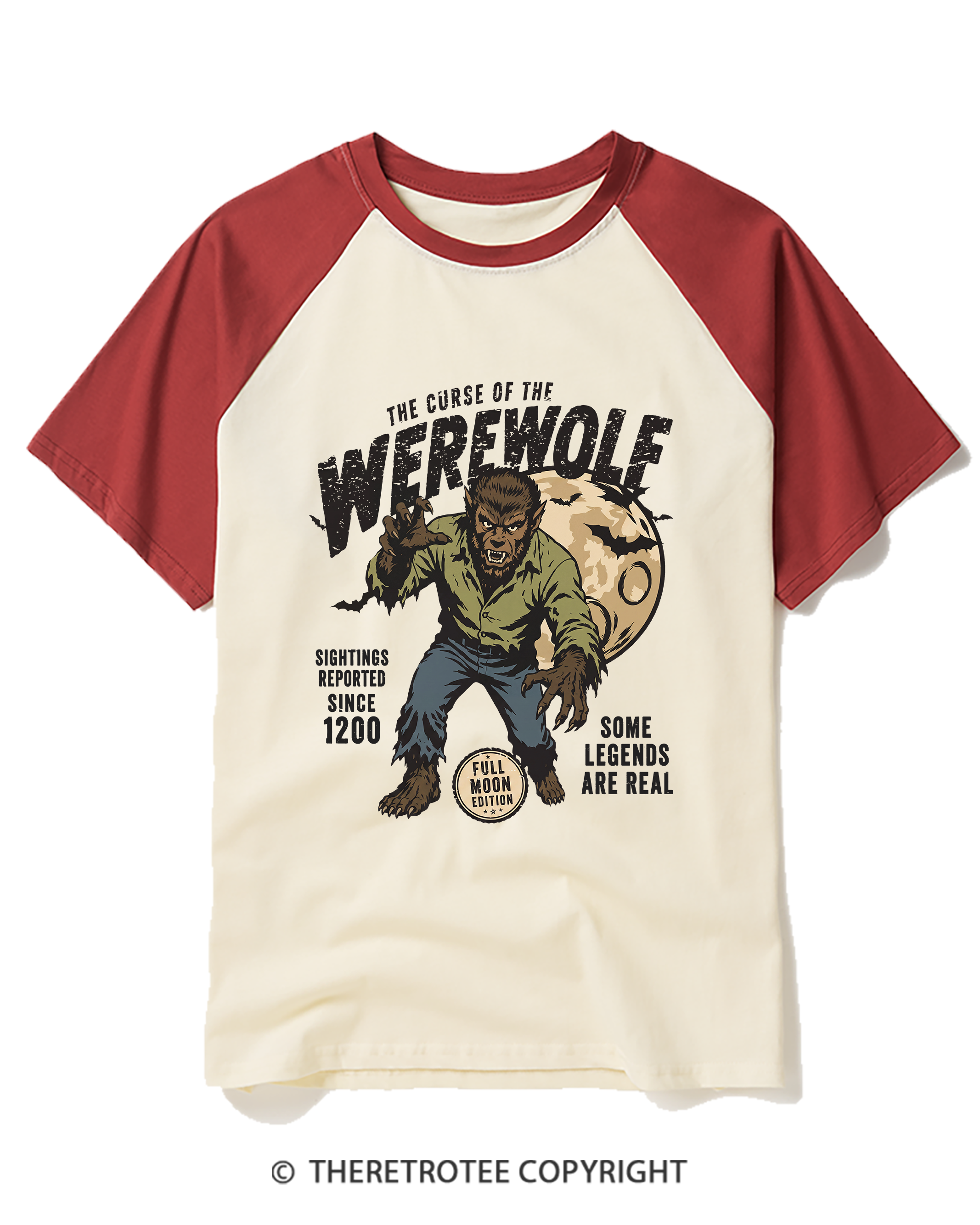 TheRetroTee Werewolf Cult Classic Halloween Horror Movie 1990s Raglan Baseball T-Shirt