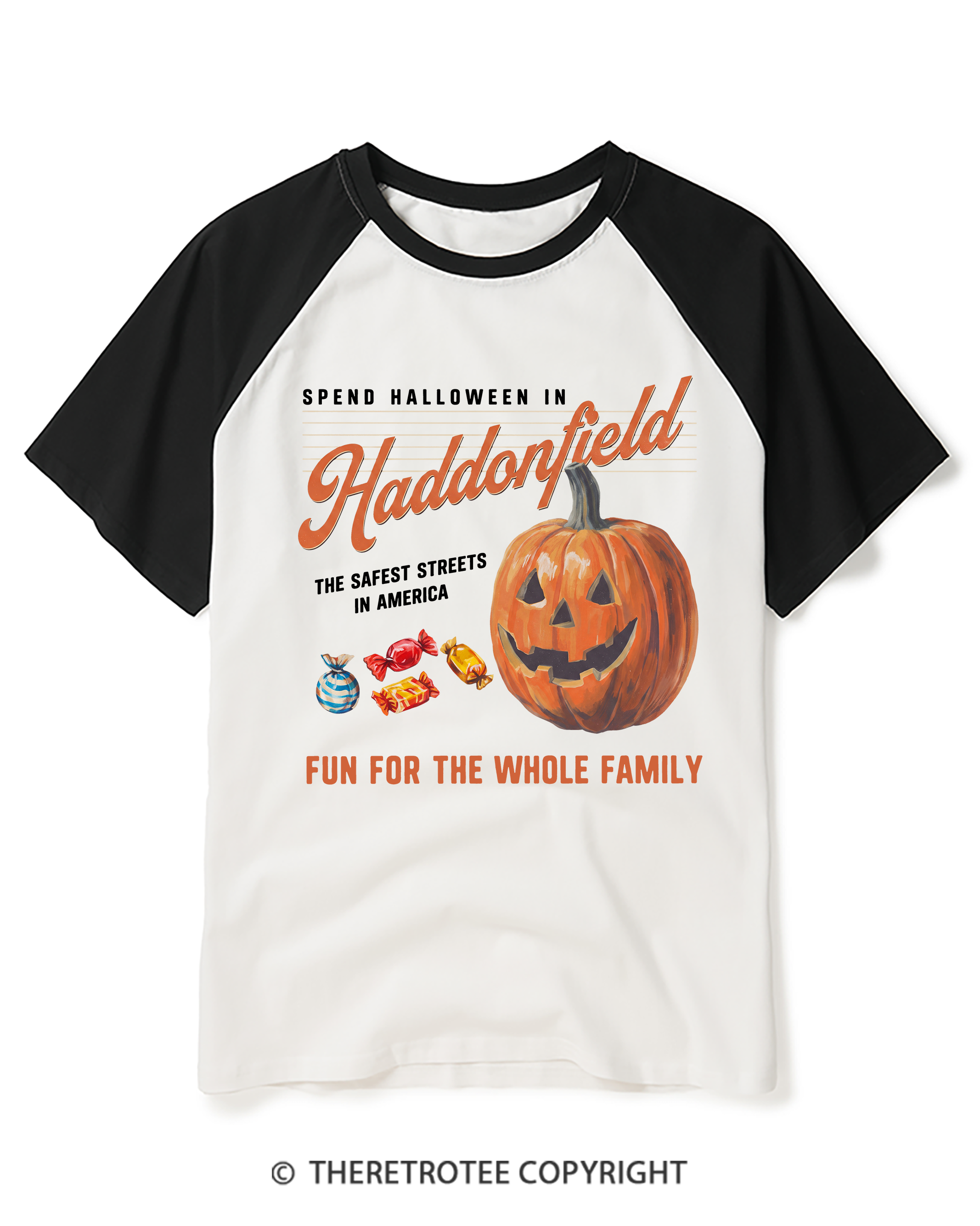 TheRetroTee Halloween in Haddonfield 1970s Raglan Baseball T-Shirt