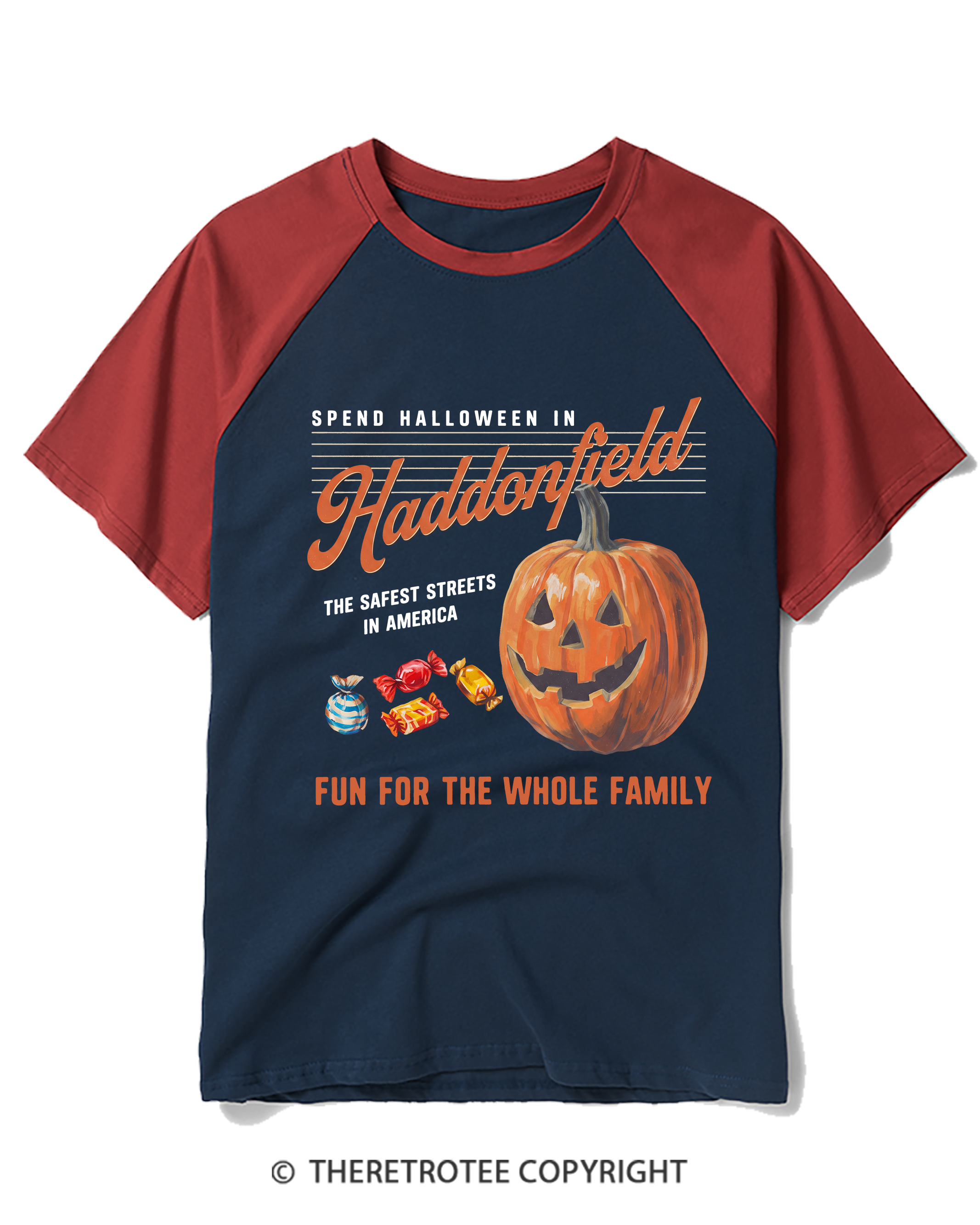 TheRetroTee Halloween in Haddonfield 1970s Raglan Baseball T-Shirt