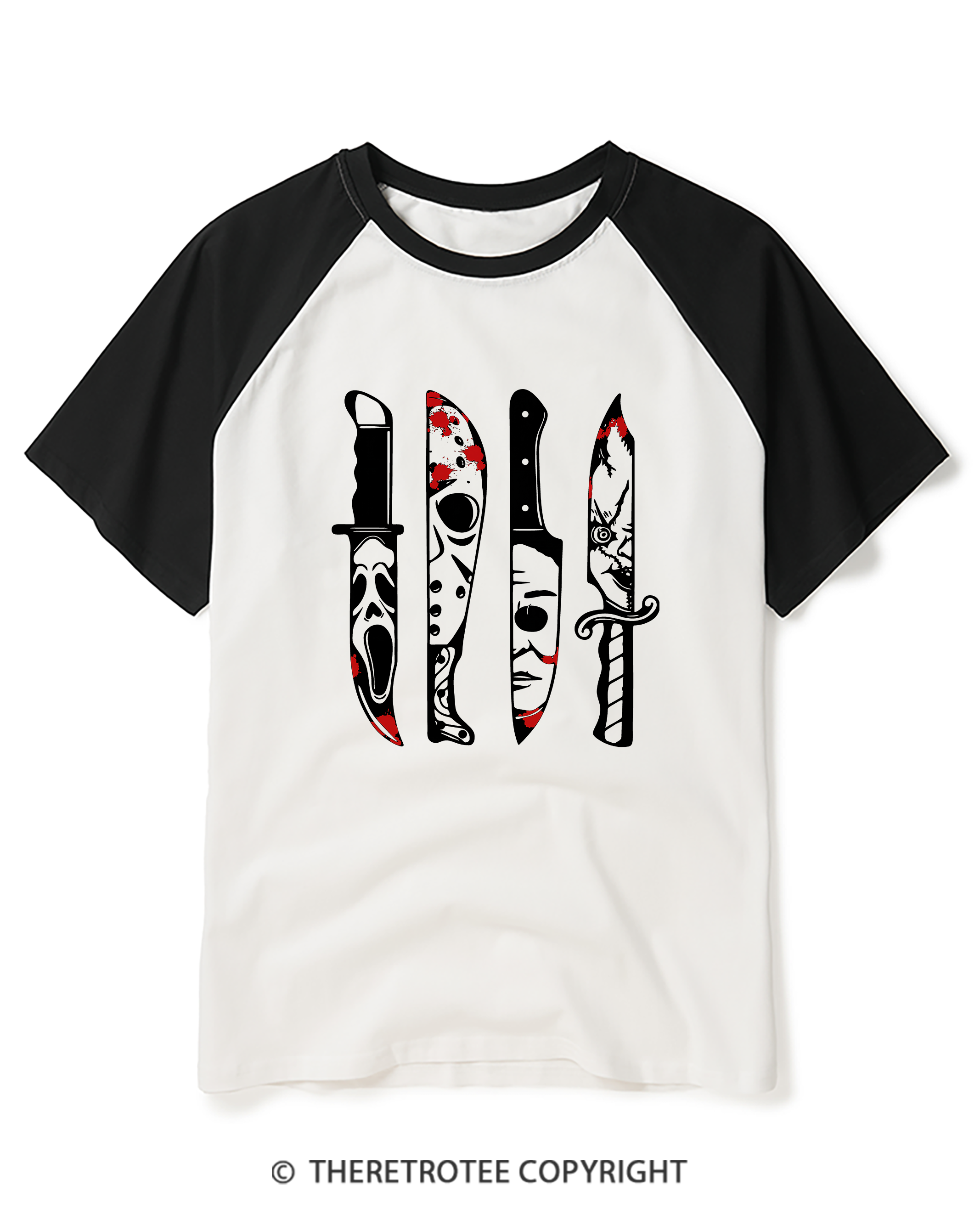 TheRetroTee Horror Movie Characters In Knives 1970s Raglan Baseball T-Shirt
