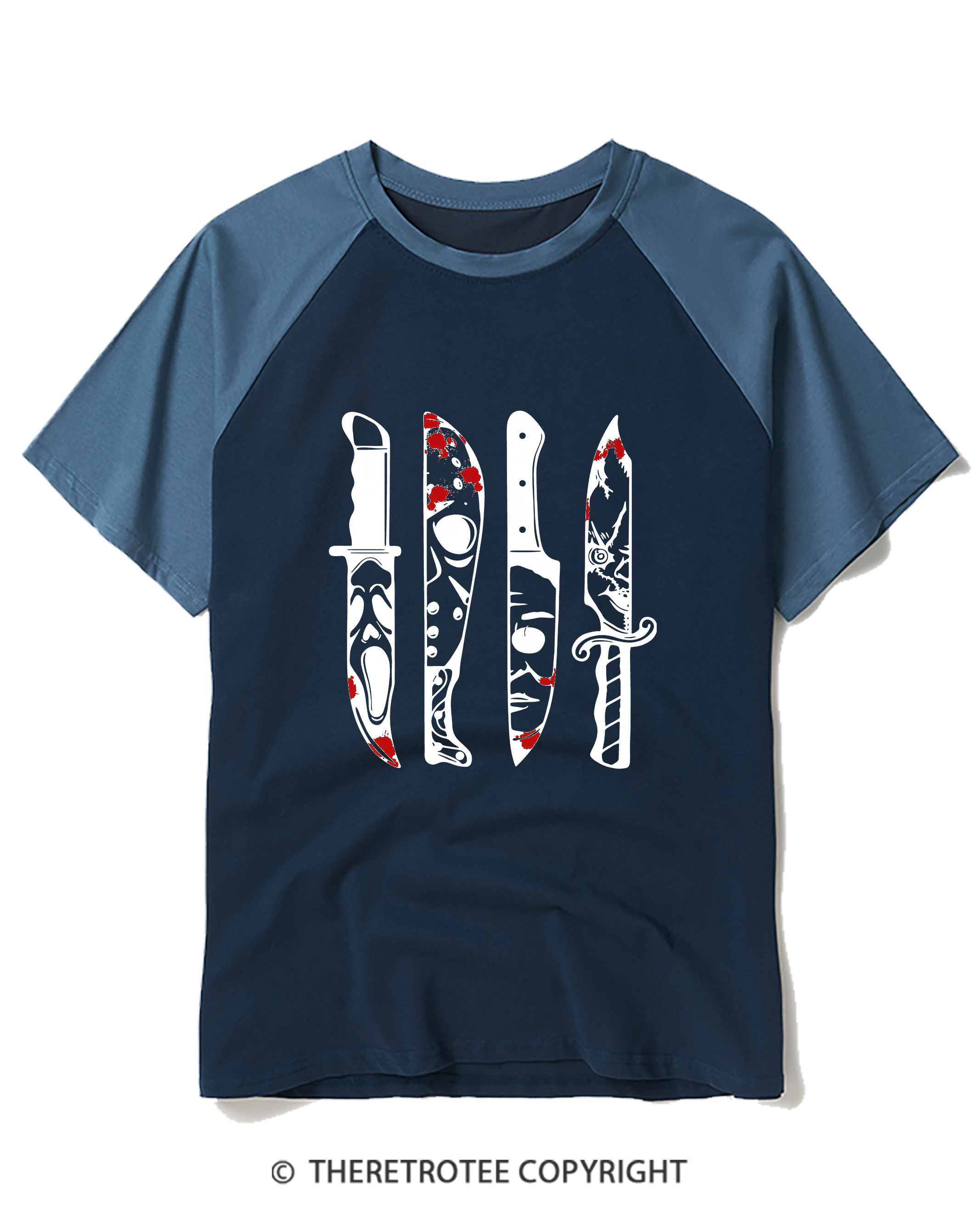 TheRetroTee Horror Movie Characters In Knives 1970s Raglan Baseball T-Shirt