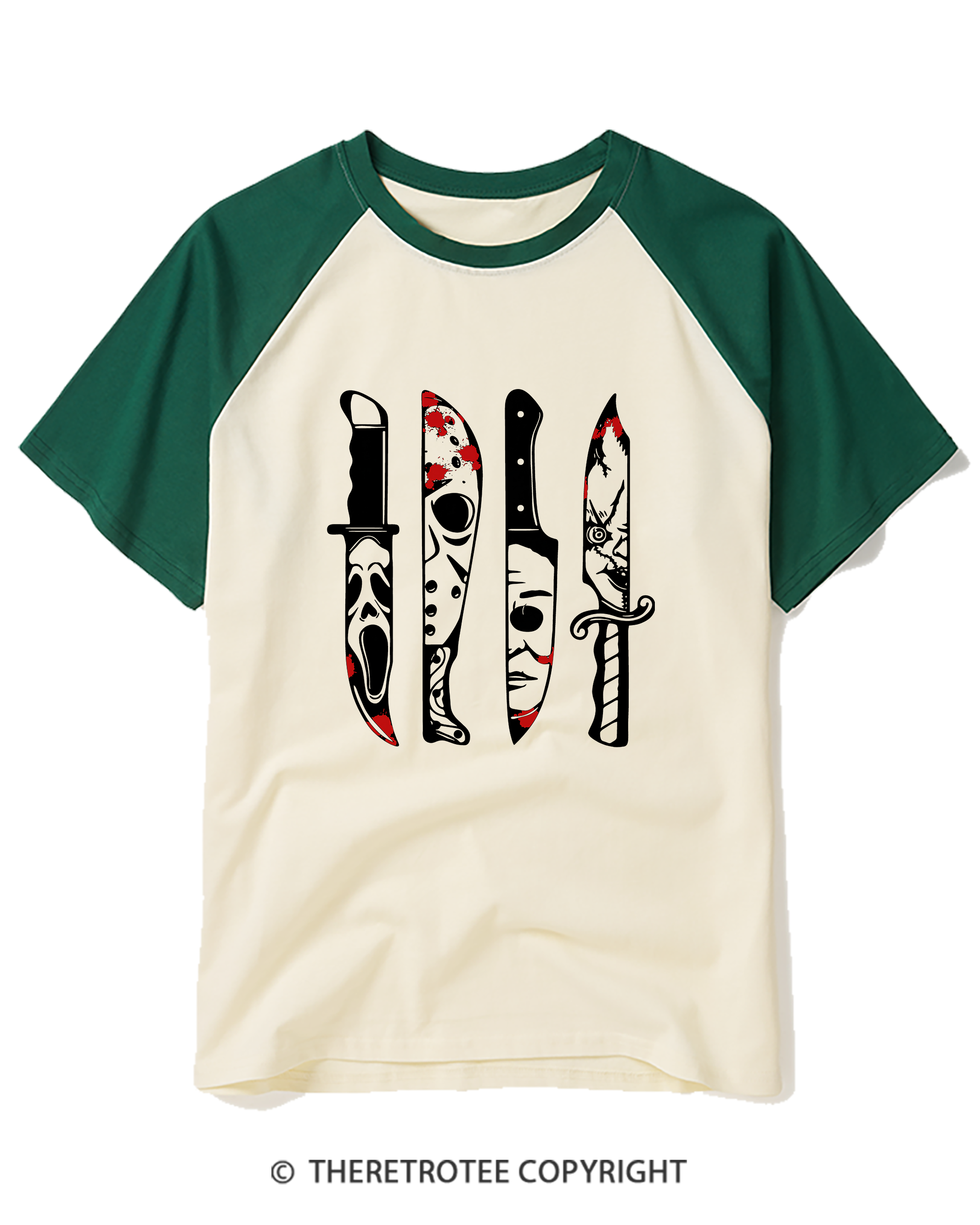 TheRetroTee Horror Movie Characters In Knives 1970s Raglan Baseball T-Shirt