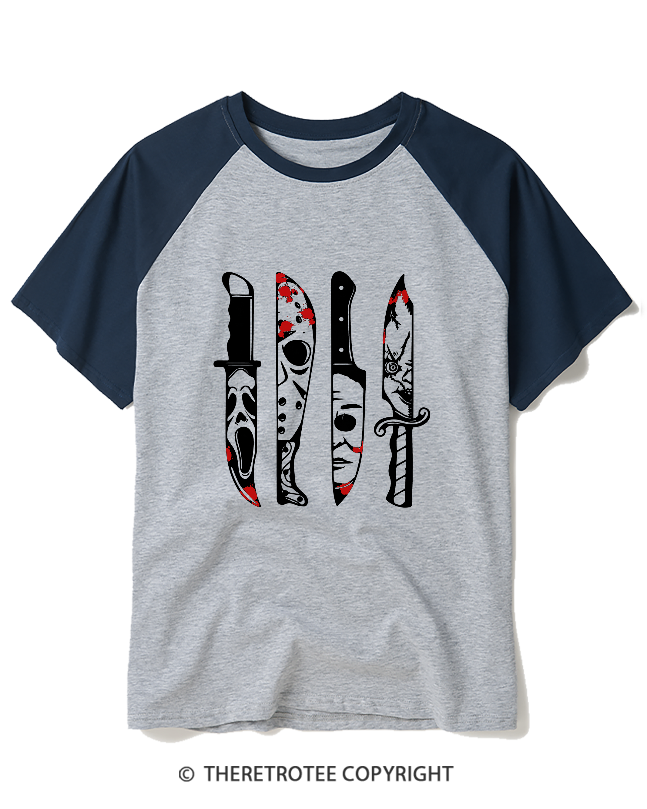 TheRetroTee Horror Movie Characters In Knives 1970s Raglan Baseball T-Shirt