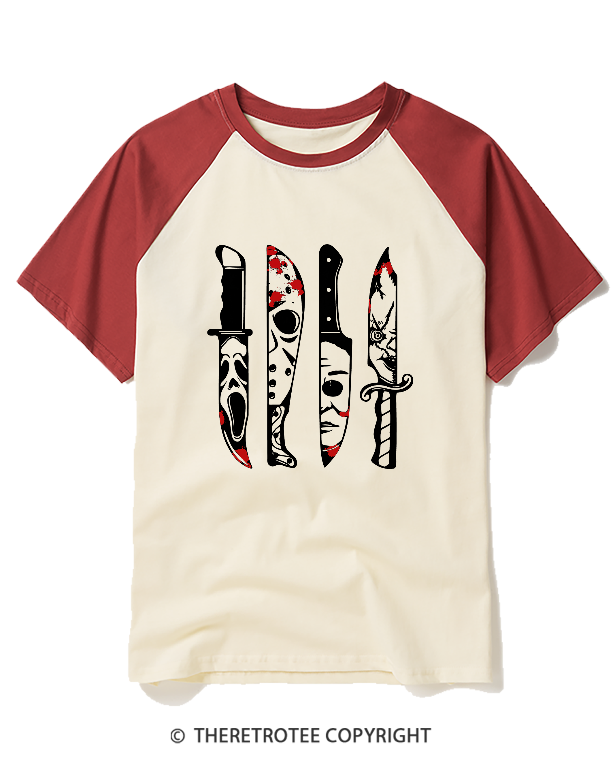 TheRetroTee Horror Movie Characters In Knives 1970s Raglan Baseball T-Shirt