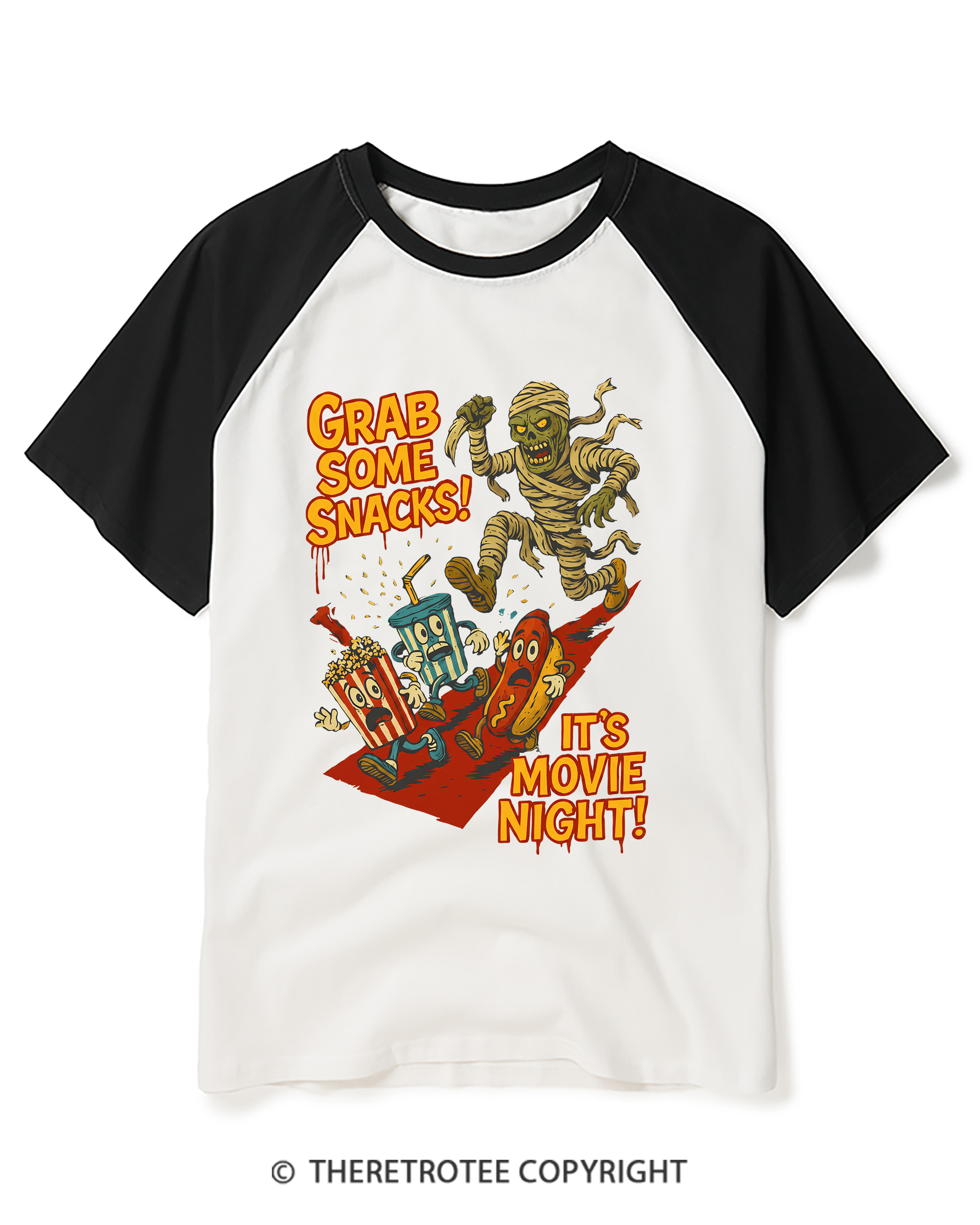 TheRetroTee Grab Some Snacks It's Movie Night Raglan Baseball T-Shirt