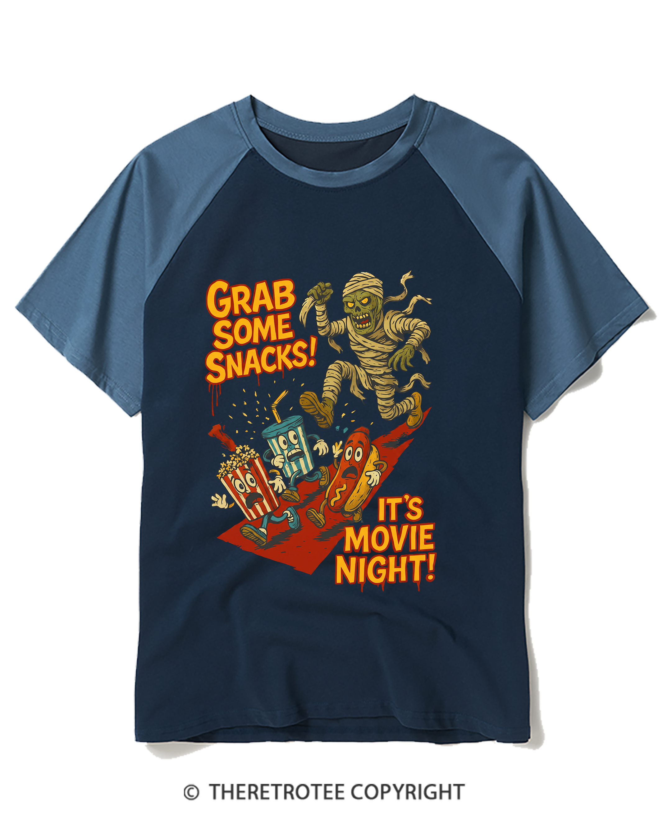 TheRetroTee Grab Some Snacks It's Movie Night Raglan Baseball T-Shirt