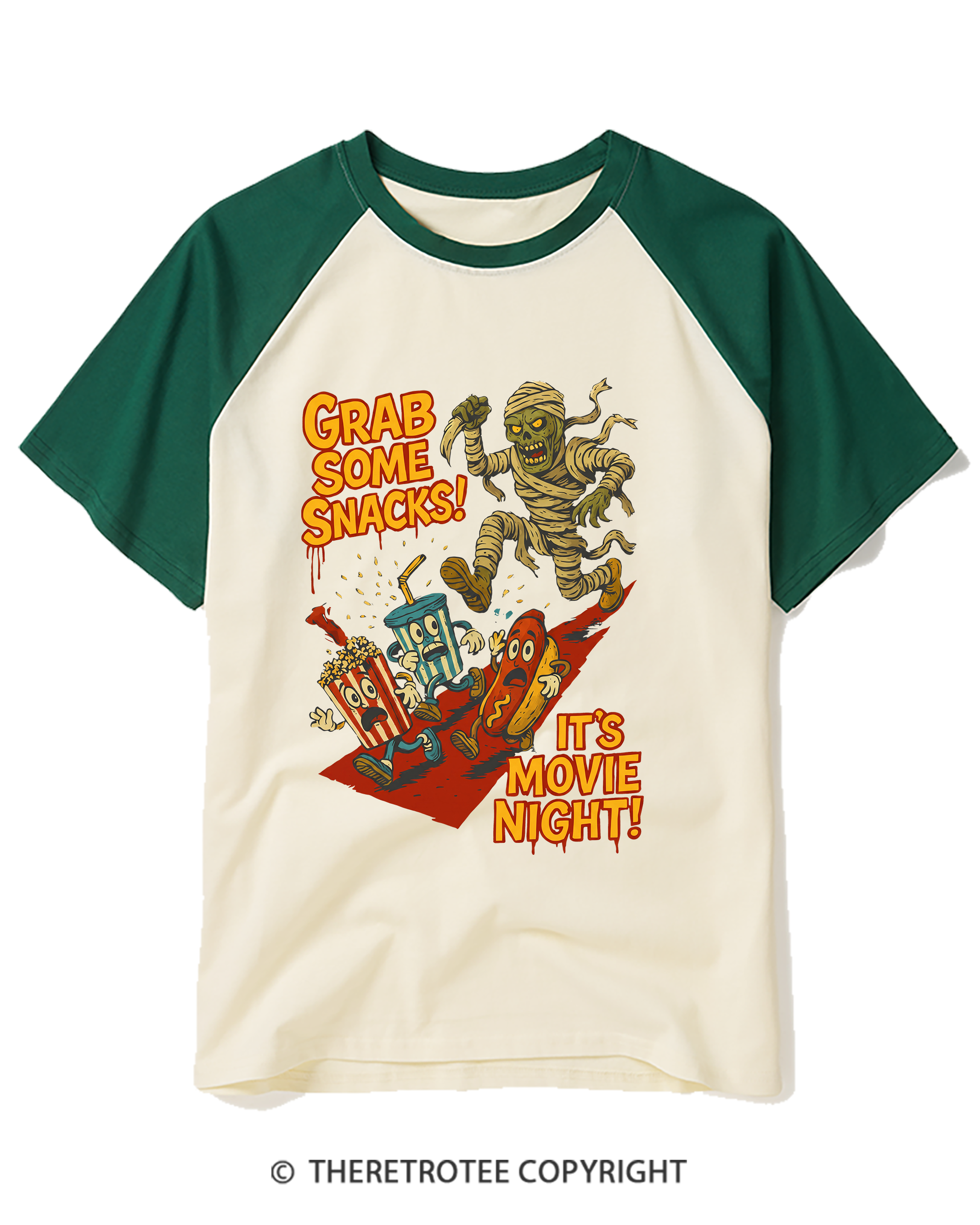 TheRetroTee Grab Some Snacks It's Movie Night Raglan Baseball T-Shirt