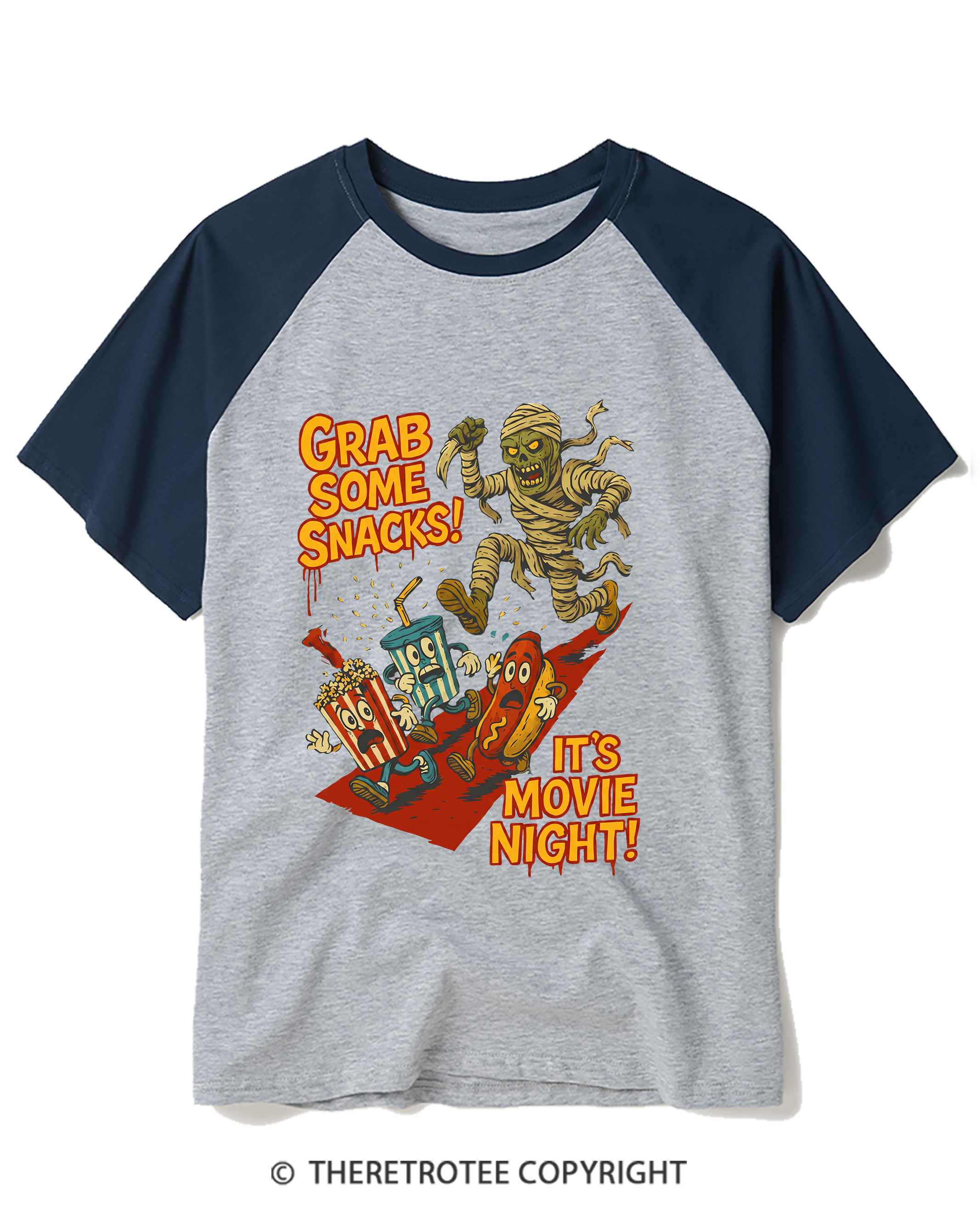 TheRetroTee Grab Some Snacks It's Movie Night Raglan Baseball T-Shirt
