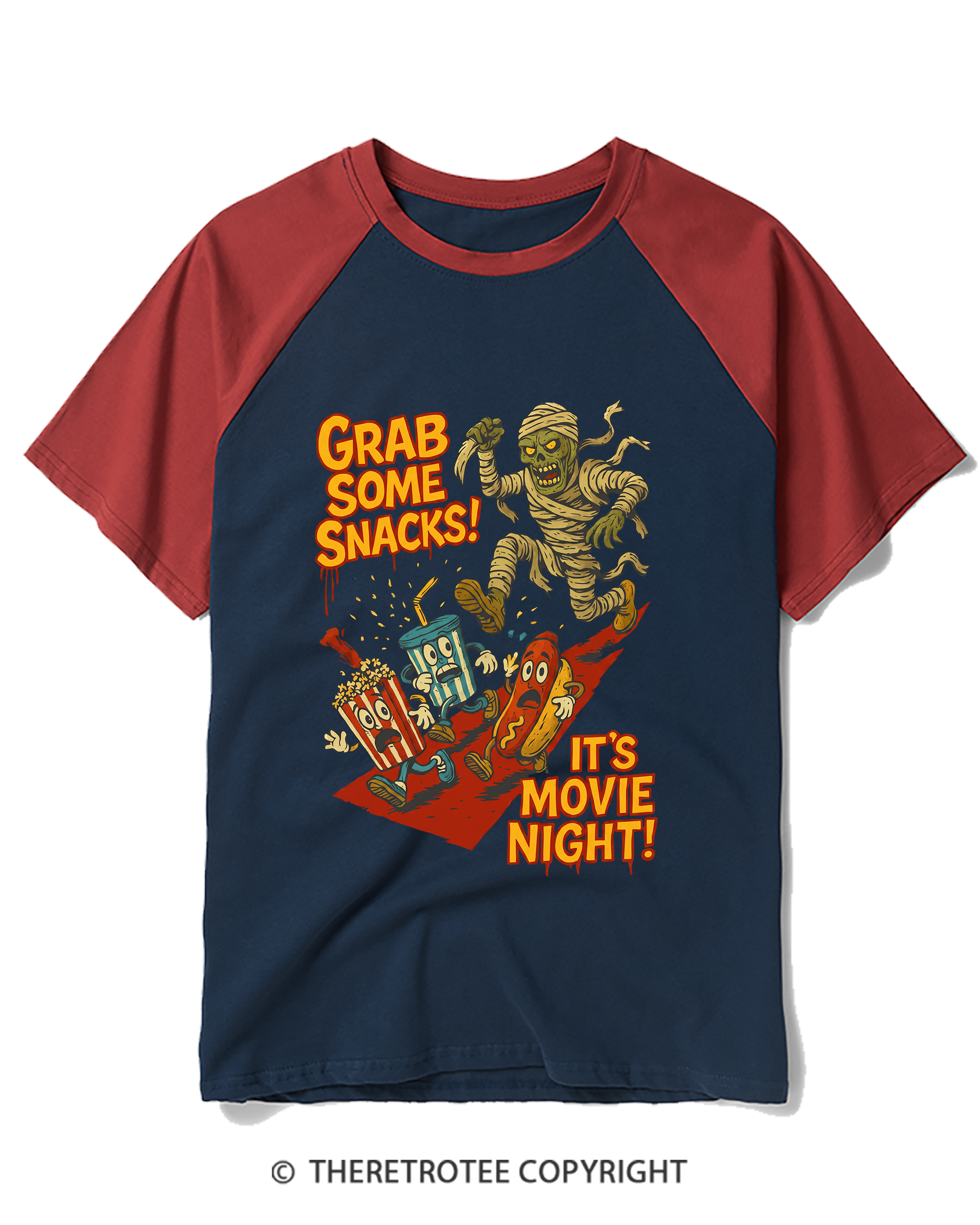 TheRetroTee Grab Some Snacks It's Movie Night Raglan Baseball T-Shirt