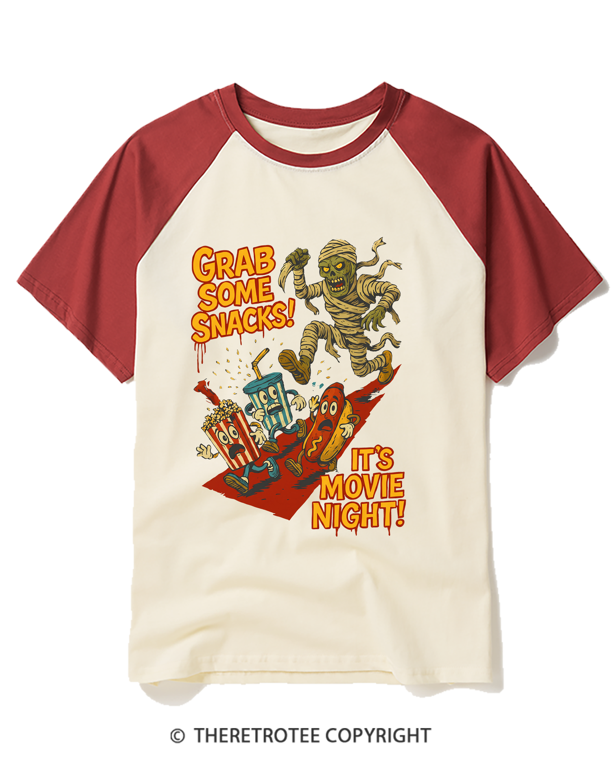 TheRetroTee Grab Some Snacks It's Movie Night Raglan Baseball T-Shirt