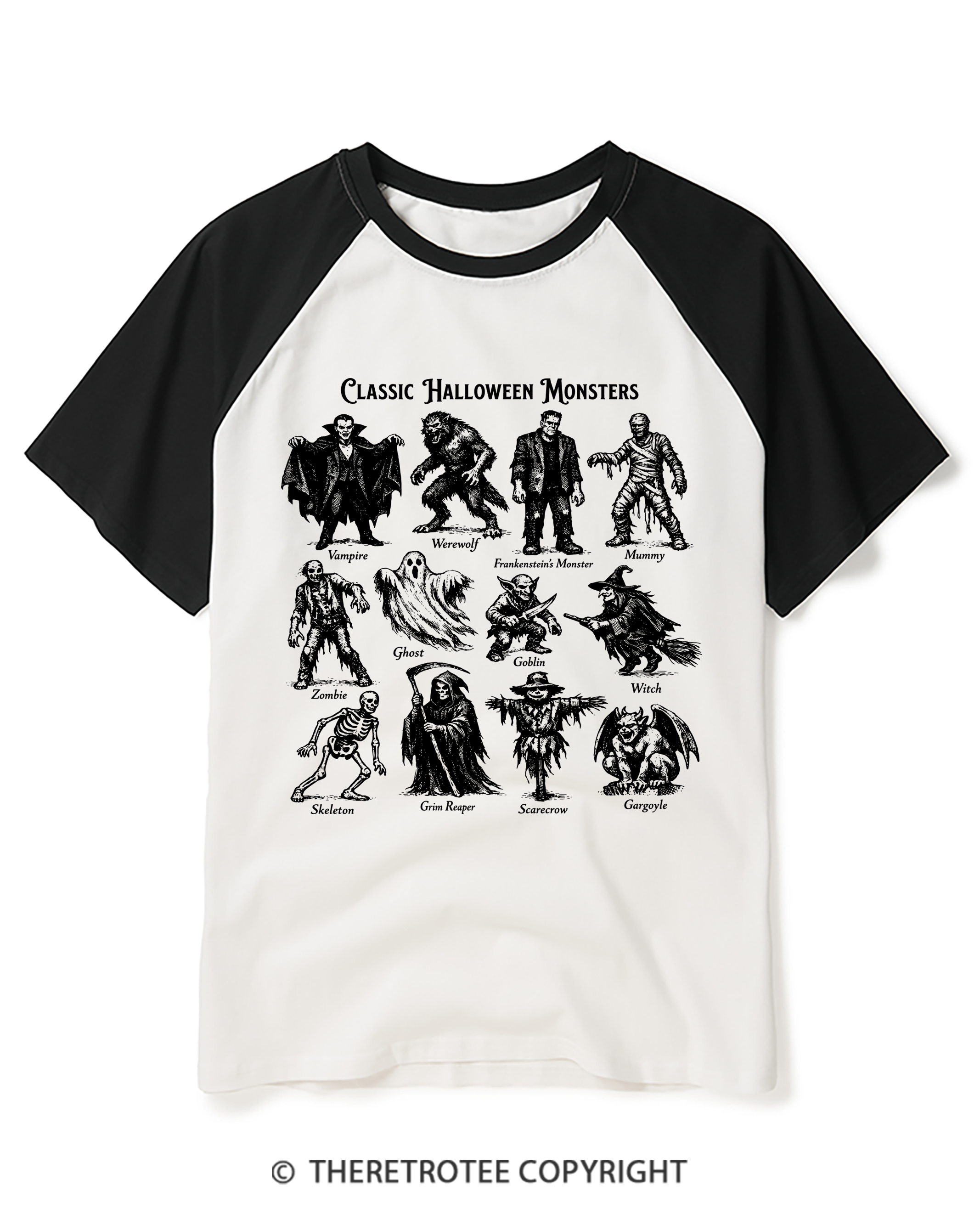 TheRetroTee Vintage Halloween Monsters Raglan Baseball T-Shirt