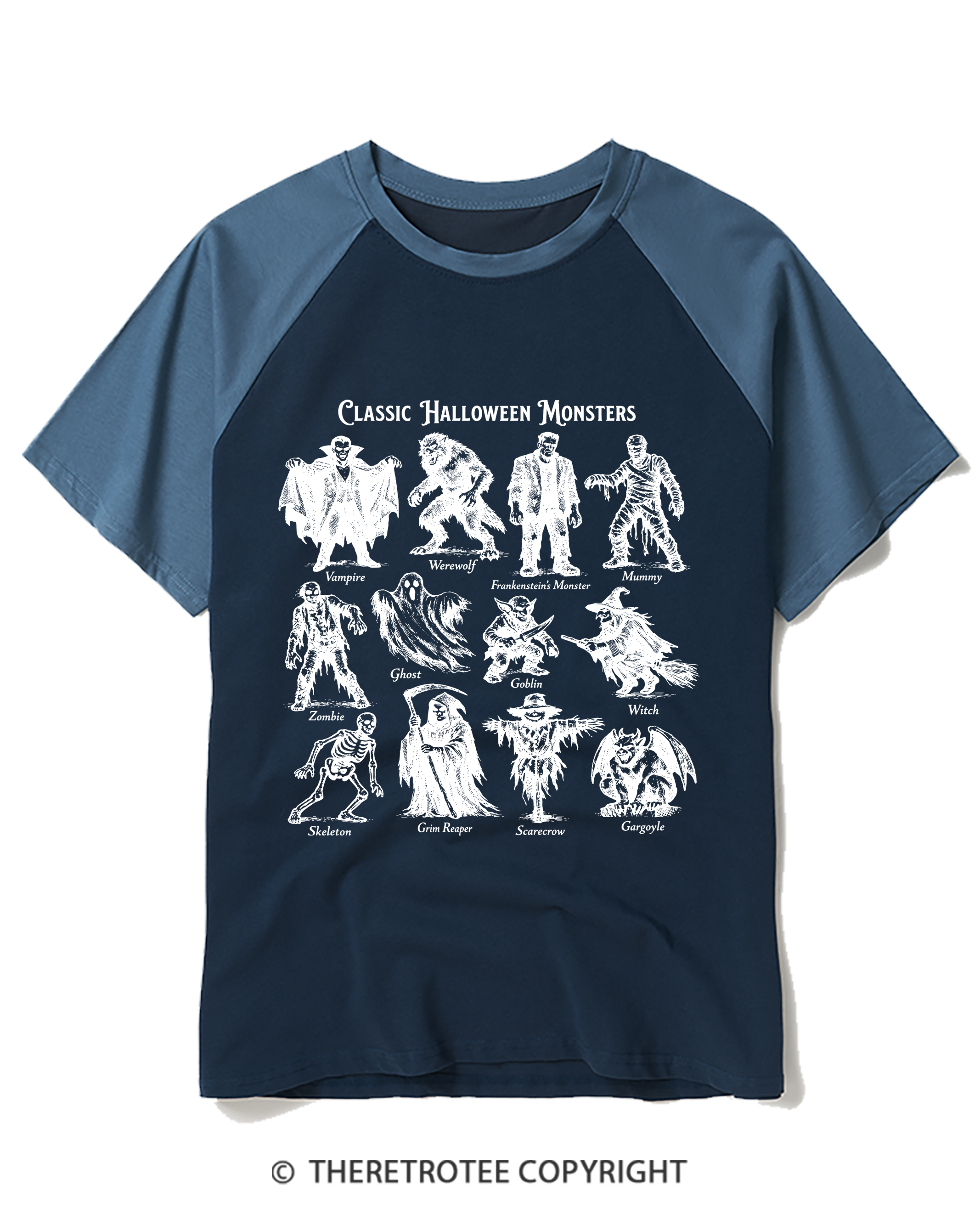 TheRetroTee Vintage Halloween Monsters Raglan Baseball T-Shirt