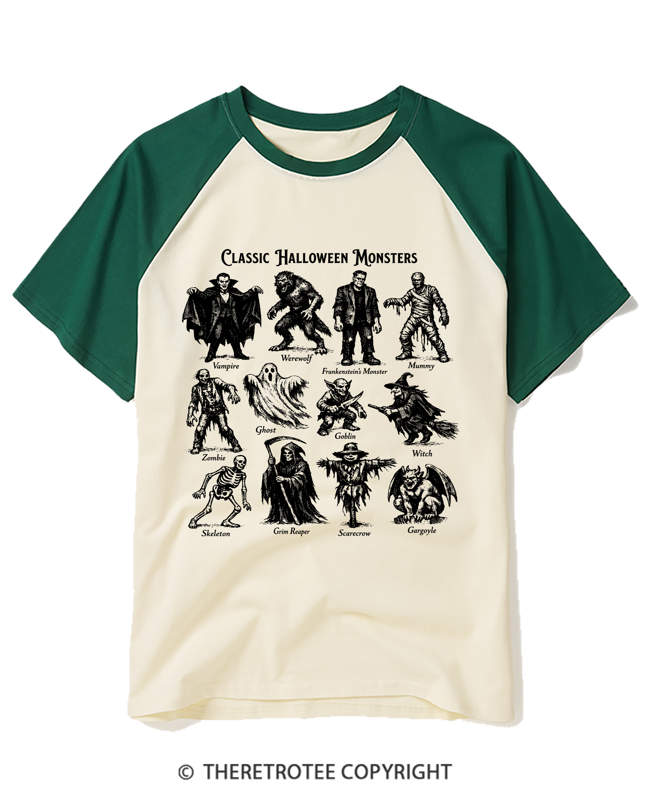 TheRetroTee Vintage Halloween Monsters Raglan Baseball T-Shirt