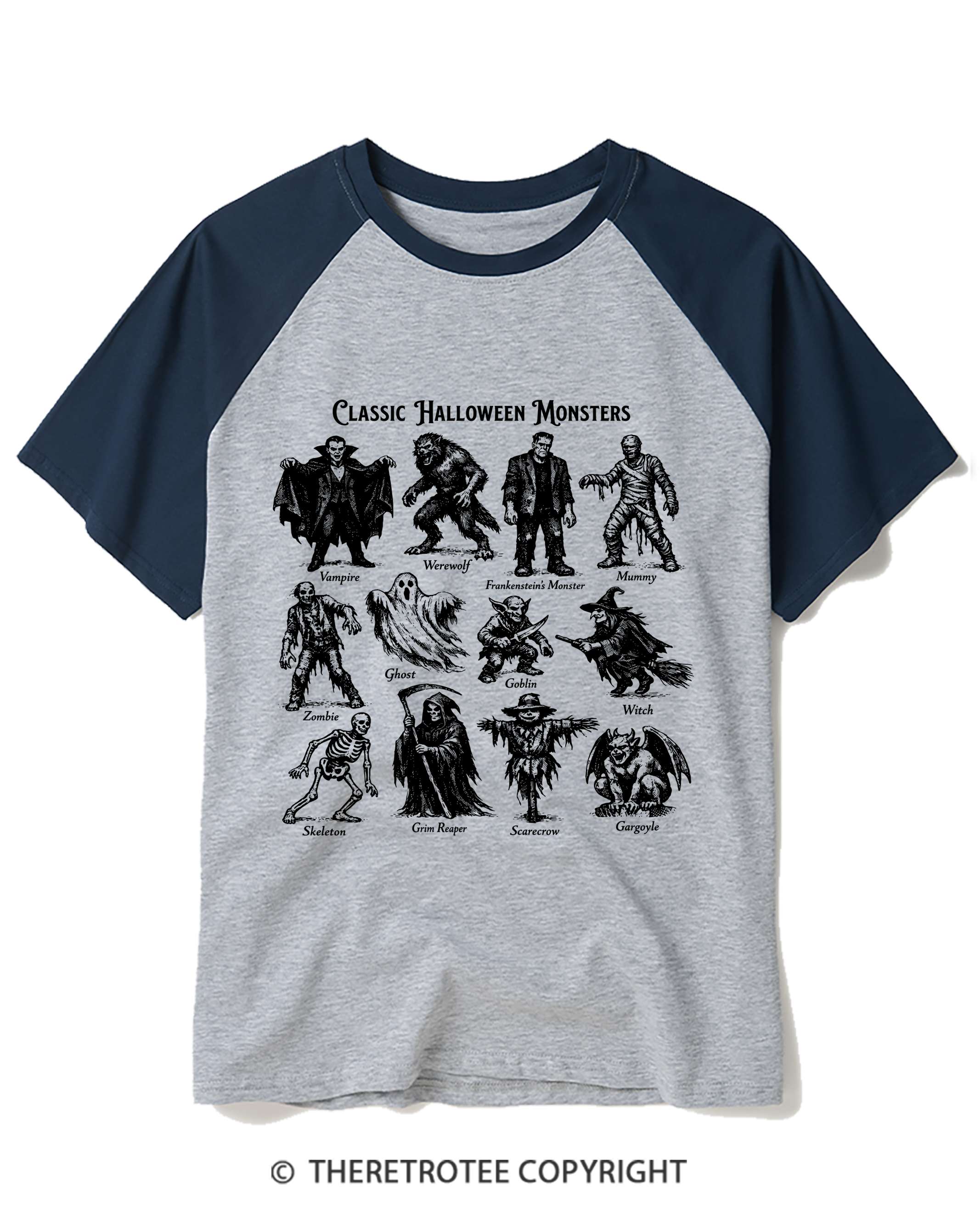 TheRetroTee Vintage Halloween Monsters Raglan Baseball T-Shirt