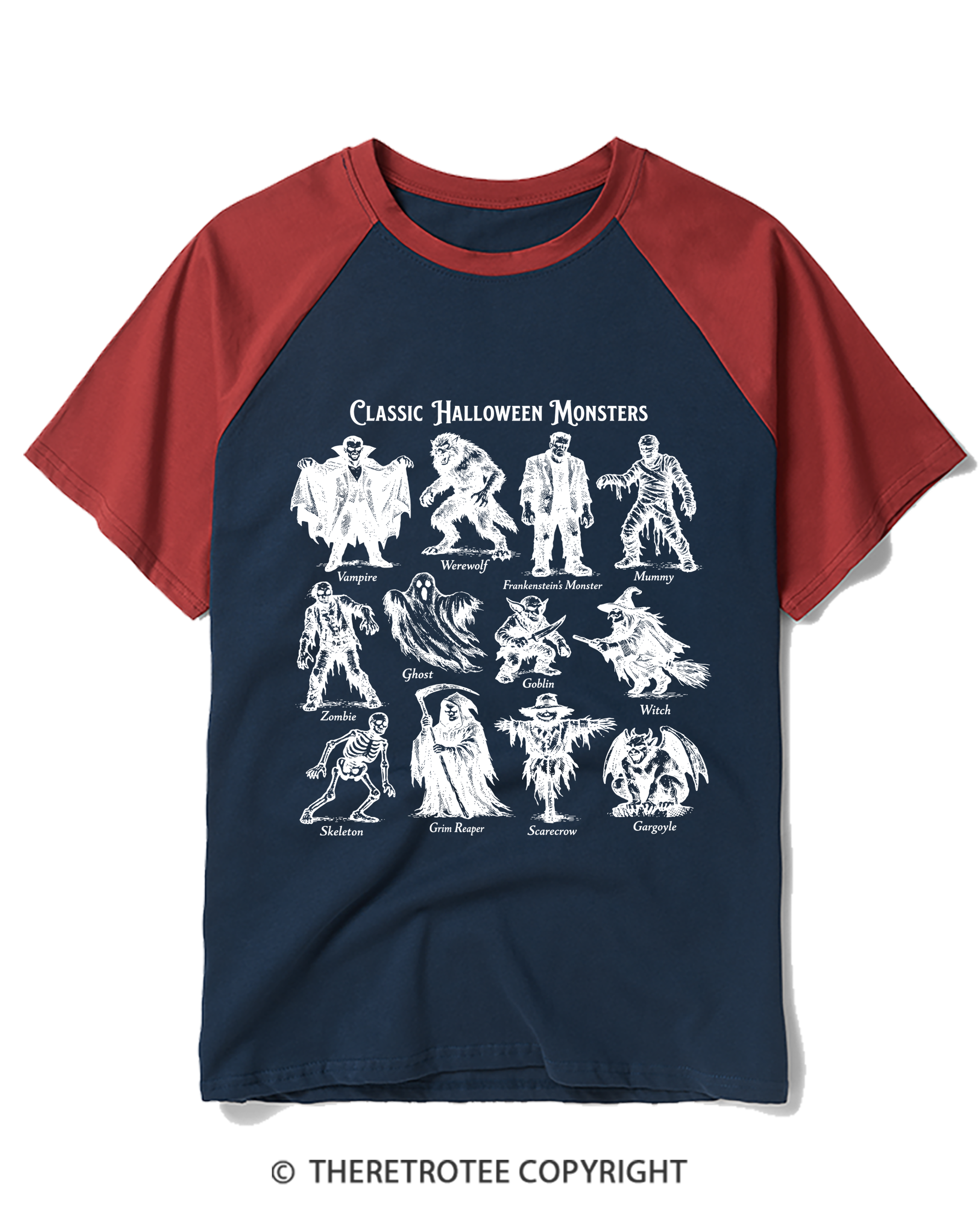 TheRetroTee Vintage Halloween Monsters Raglan Baseball T-Shirt