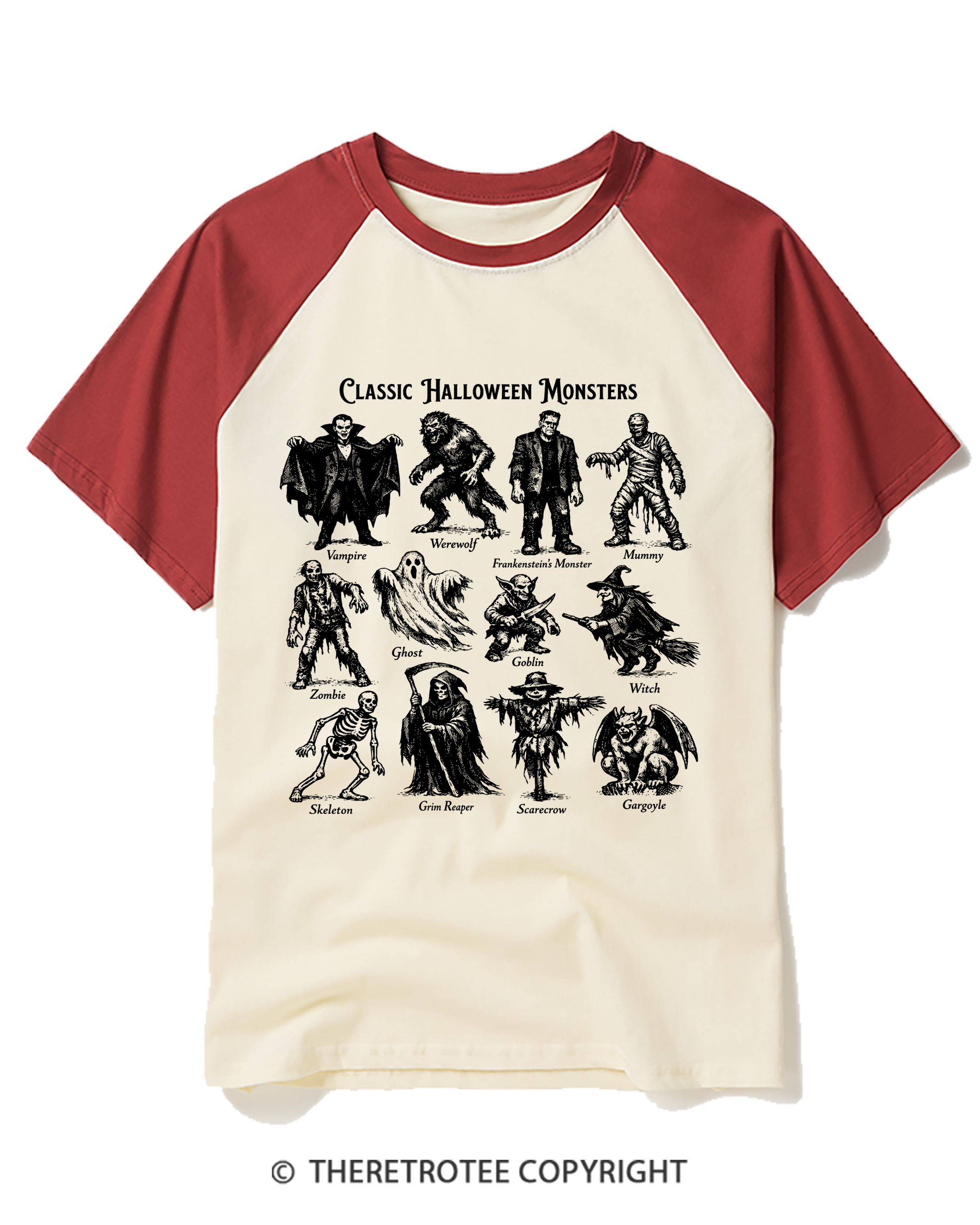 TheRetroTee Vintage Halloween Monsters Raglan Baseball T-Shirt