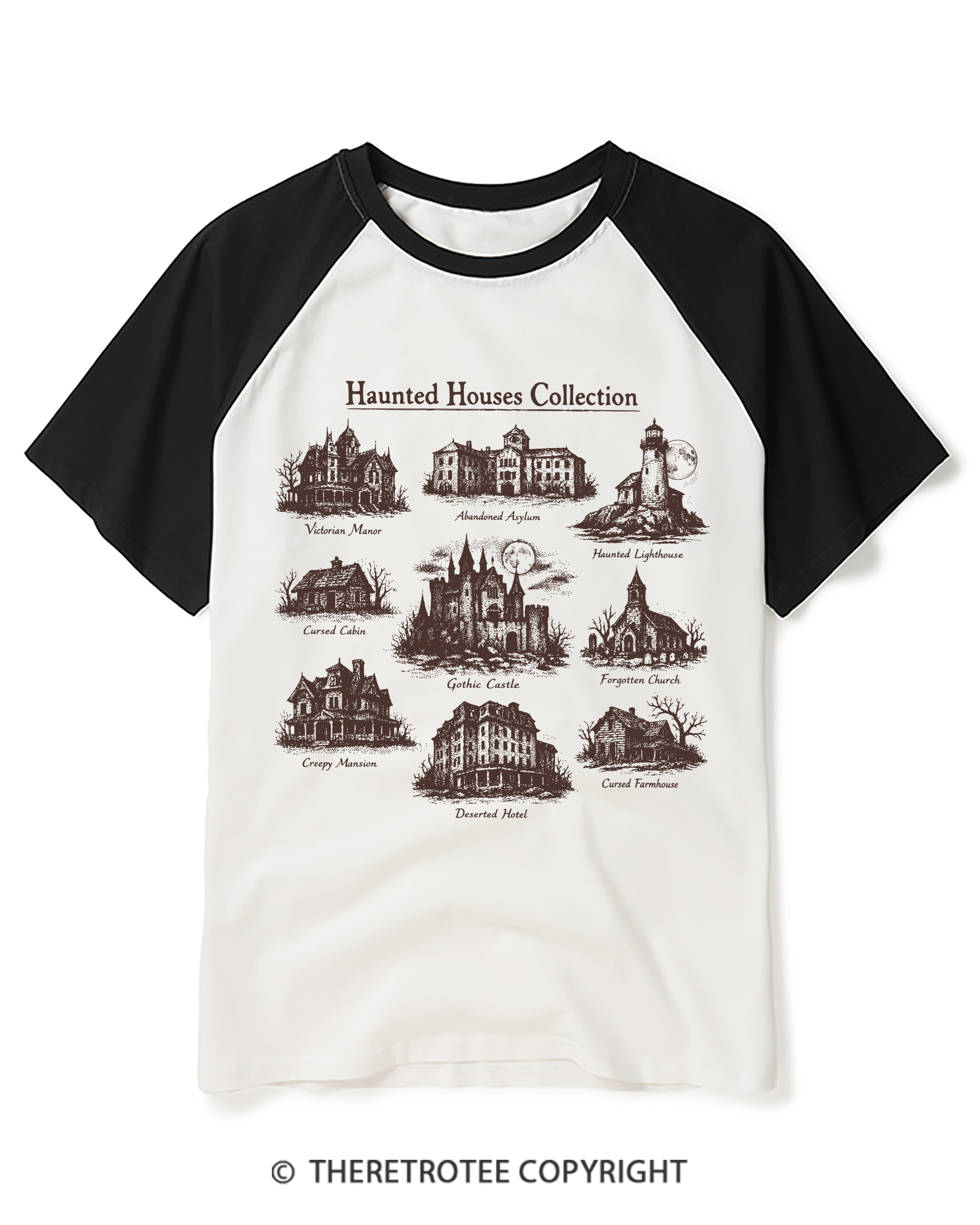 TheRetroTee Vintage Haunted House Field Guide Raglan Baseball T-Shirt