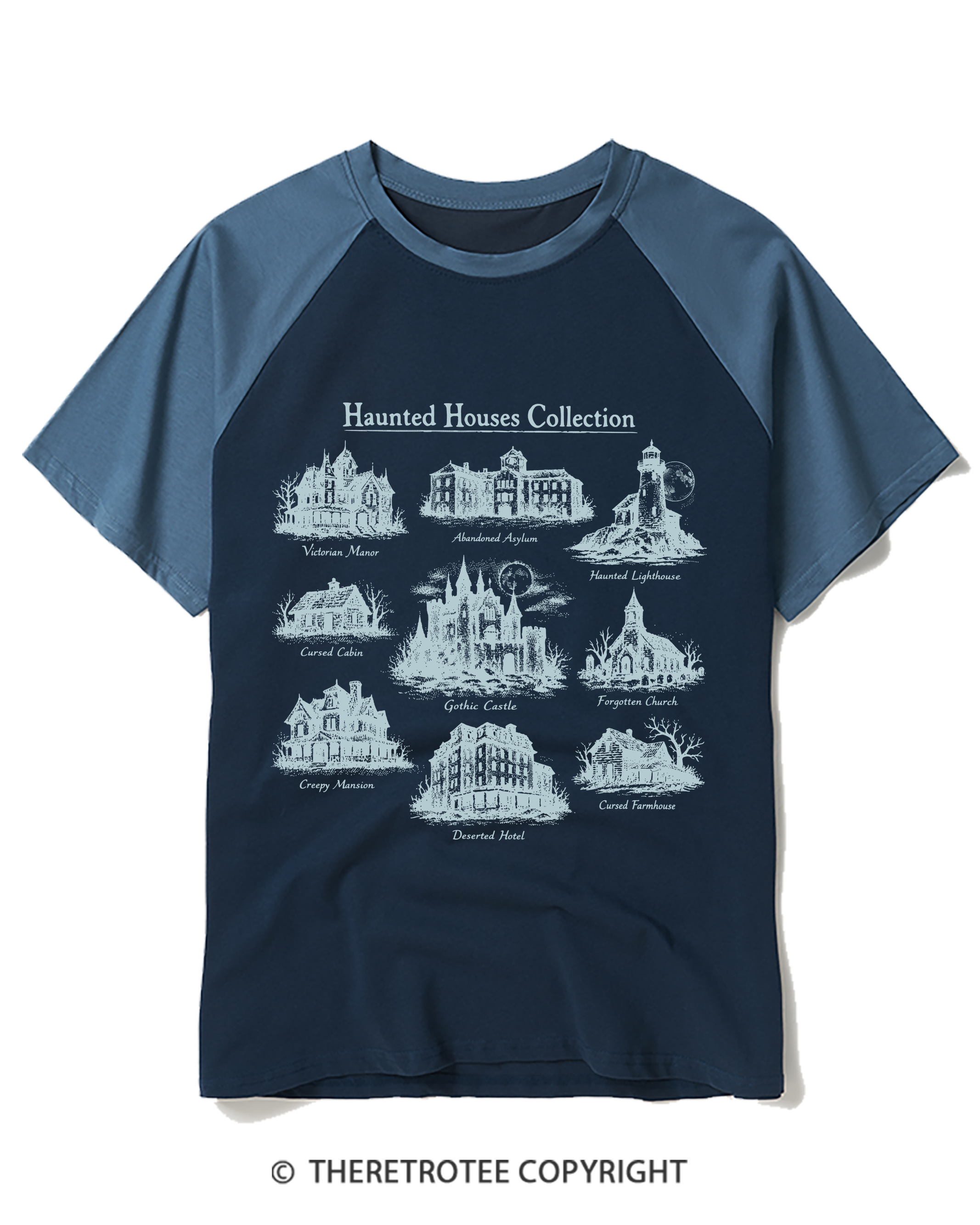 TheRetroTee Vintage Haunted House Field Guide Raglan Baseball T-Shirt