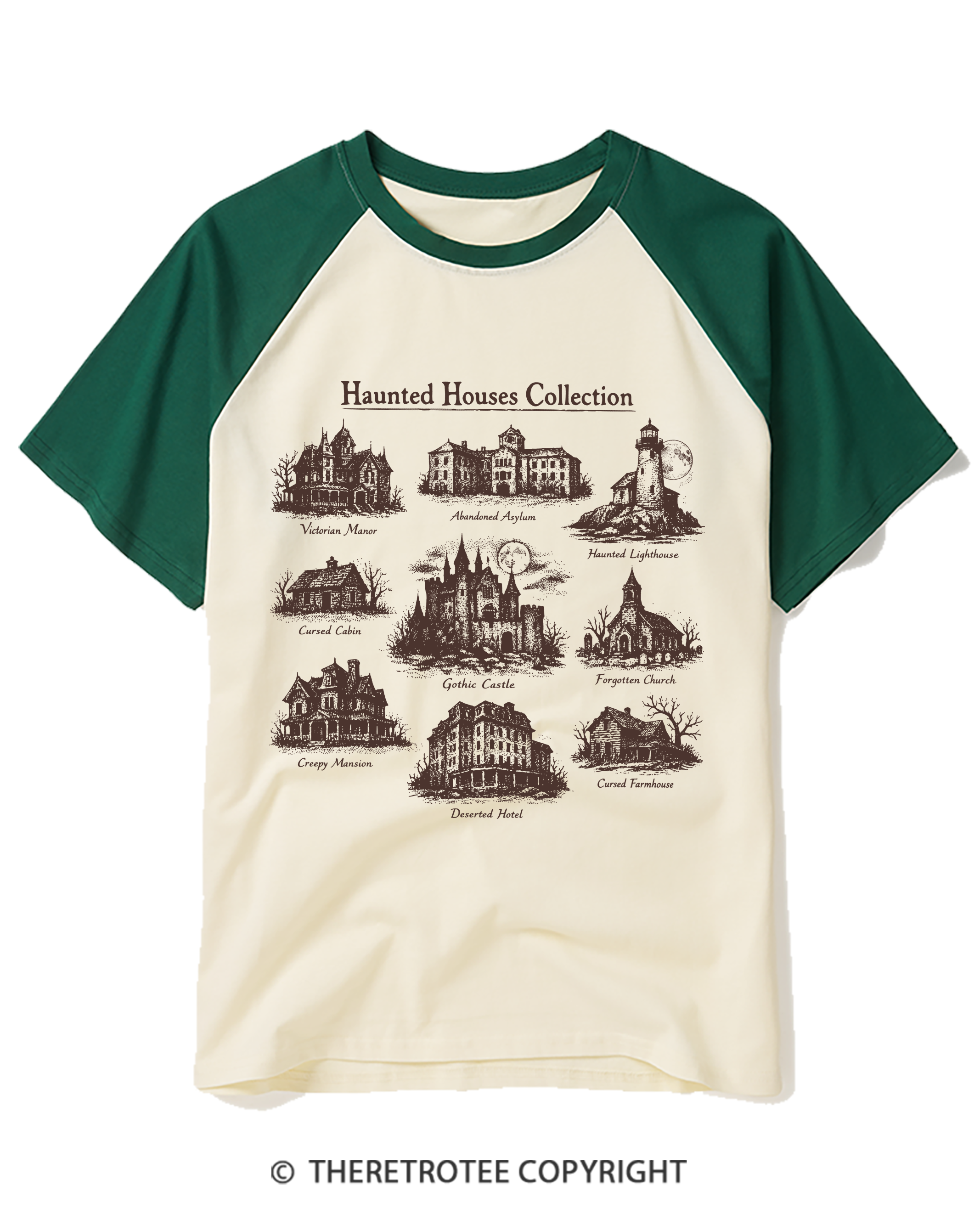 TheRetroTee Vintage Haunted House Field Guide Raglan Baseball T-Shirt
